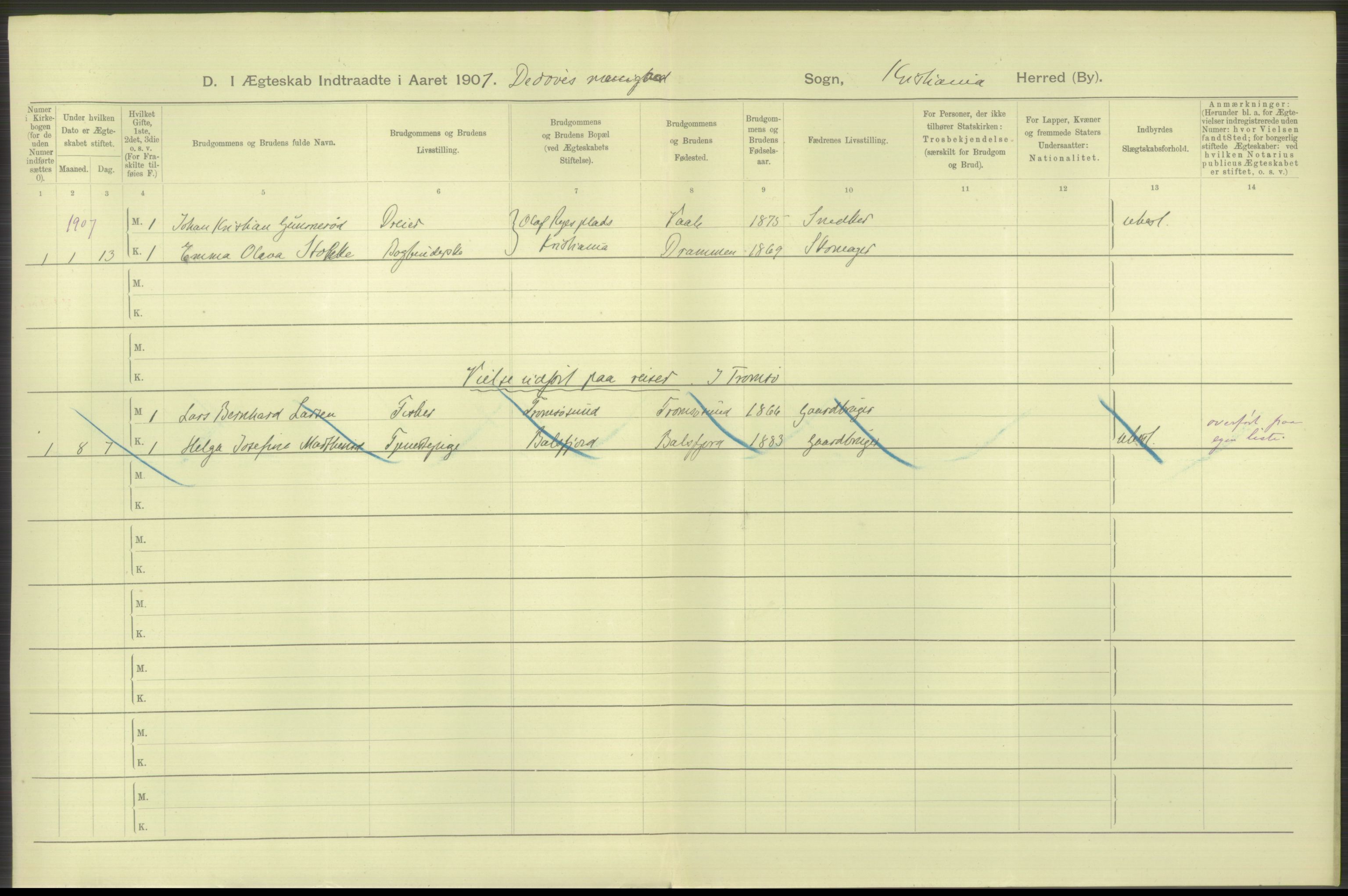 Statistisk sentralbyrå, Sosiodemografiske emner, Befolkning, AV/RA-S-2228/D/Df/Dfa/Dfae/L0008: Kristiania: Gifte, 1907, s. 572