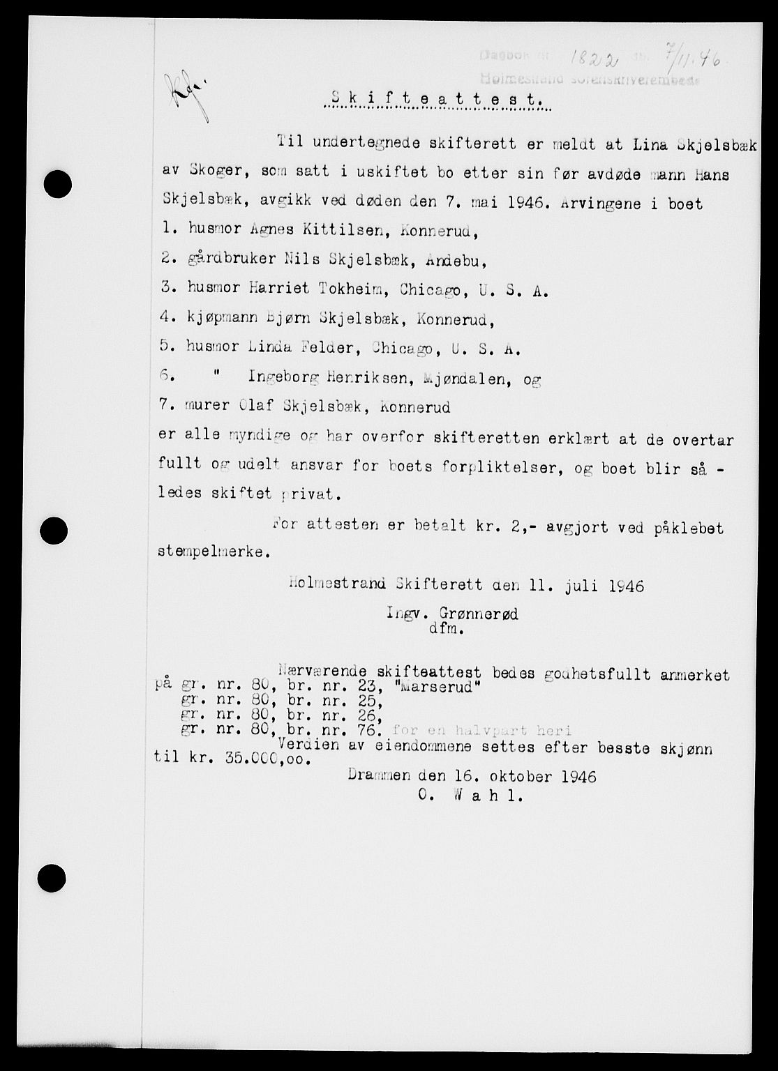 Holmestrand sorenskriveri, SAKO/A-67/G/Ga/Gaa/L0061: Pantebok nr. A-61, 1946-1947, Dagboknr: 1822/1946
