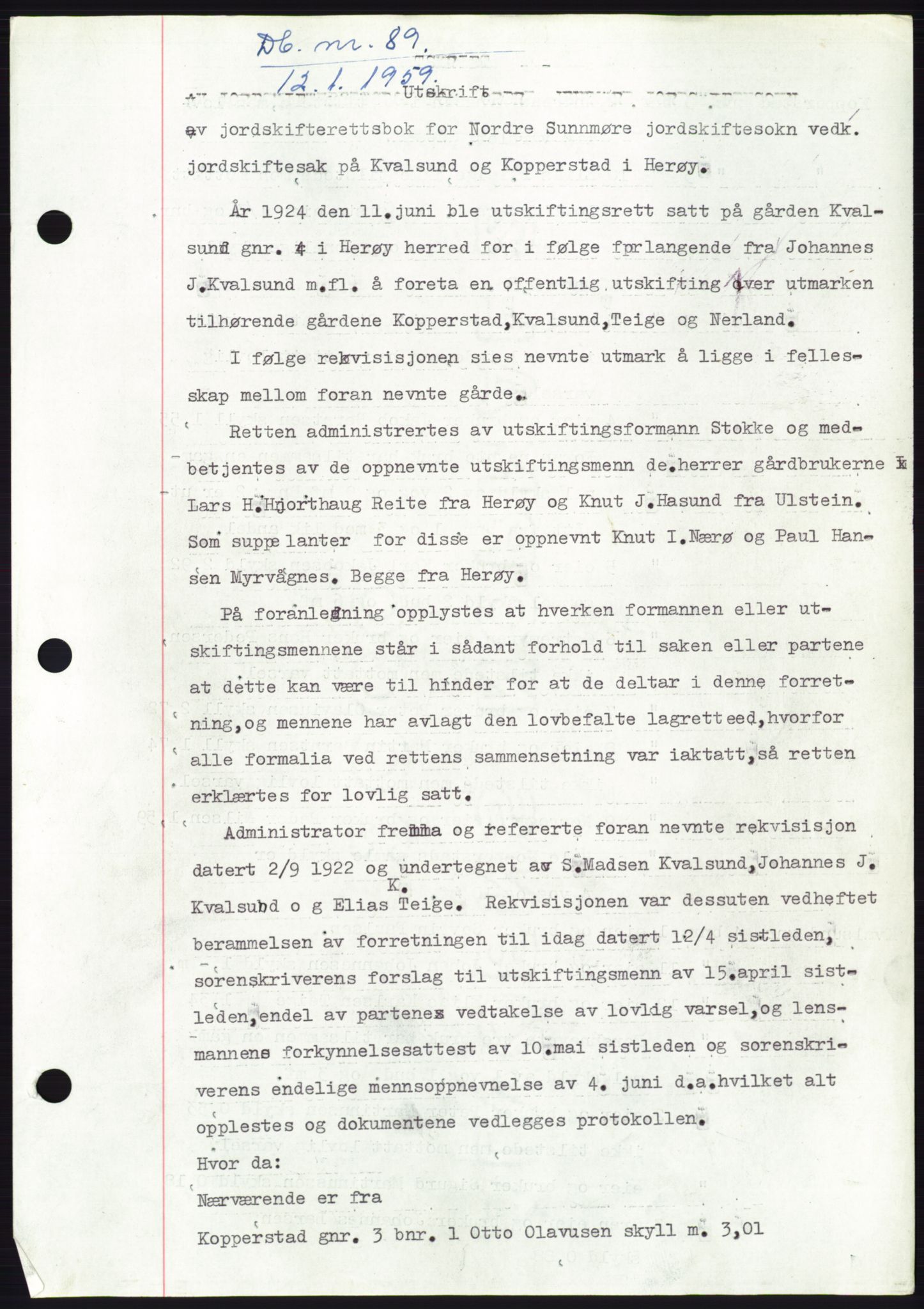 Søre Sunnmøre sorenskriveri, SAT/A-4122/1/2/2C/L0111: Pantebok nr. 37A, 1958-1959, Dagboknr: 89/1959