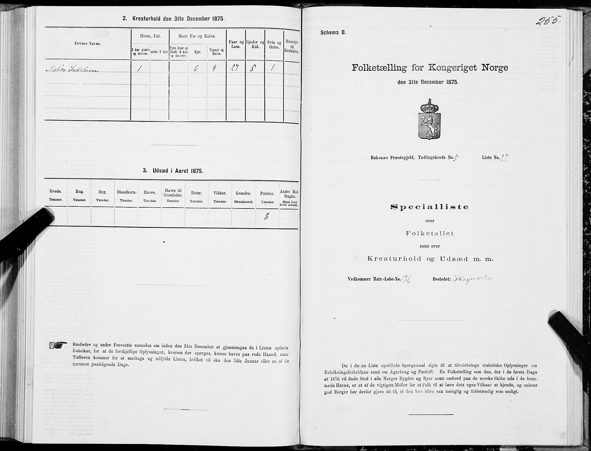 SAT, Folketelling 1875 for 1860P Buksnes prestegjeld, 1875, s. 2255