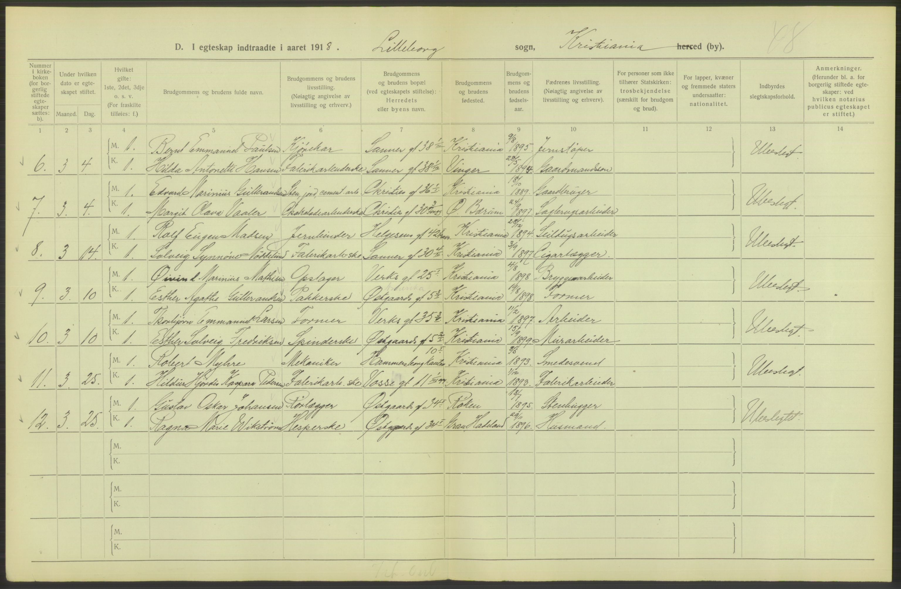 Statistisk sentralbyrå, Sosiodemografiske emner, Befolkning, RA/S-2228/D/Df/Dfb/Dfbh/L0009: Kristiania: Gifte, 1918, s. 432