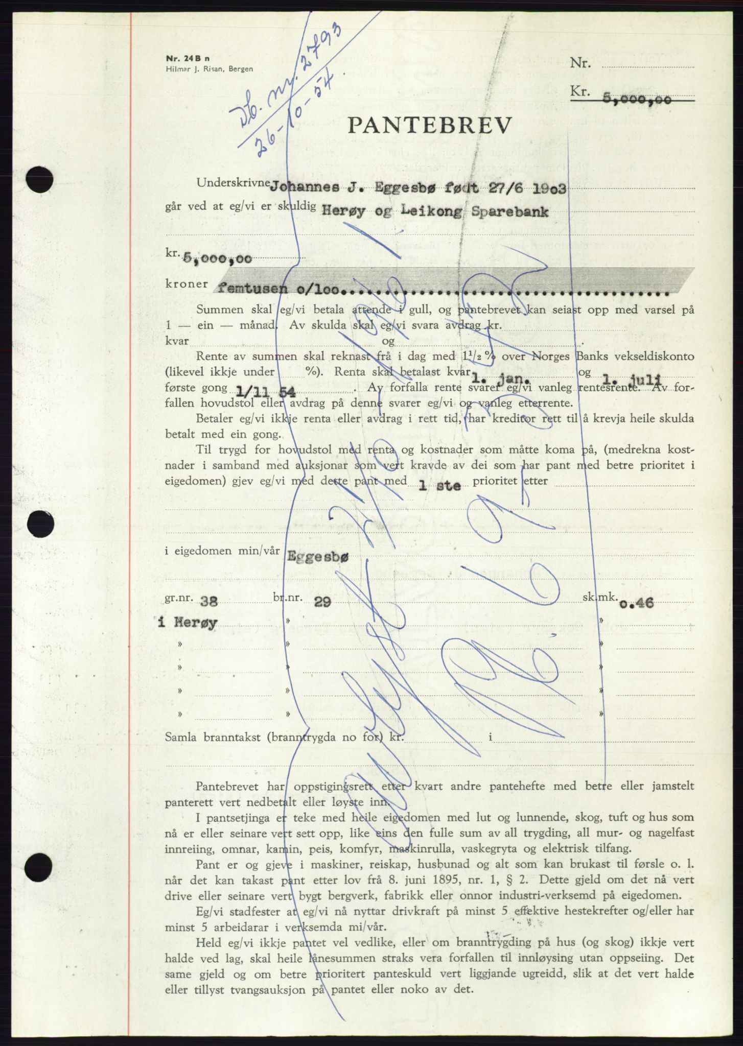 Søre Sunnmøre sorenskriveri, AV/SAT-A-4122/1/2/2C/L0126: Pantebok nr. 14B, 1954-1955, Dagboknr: 2793/1954