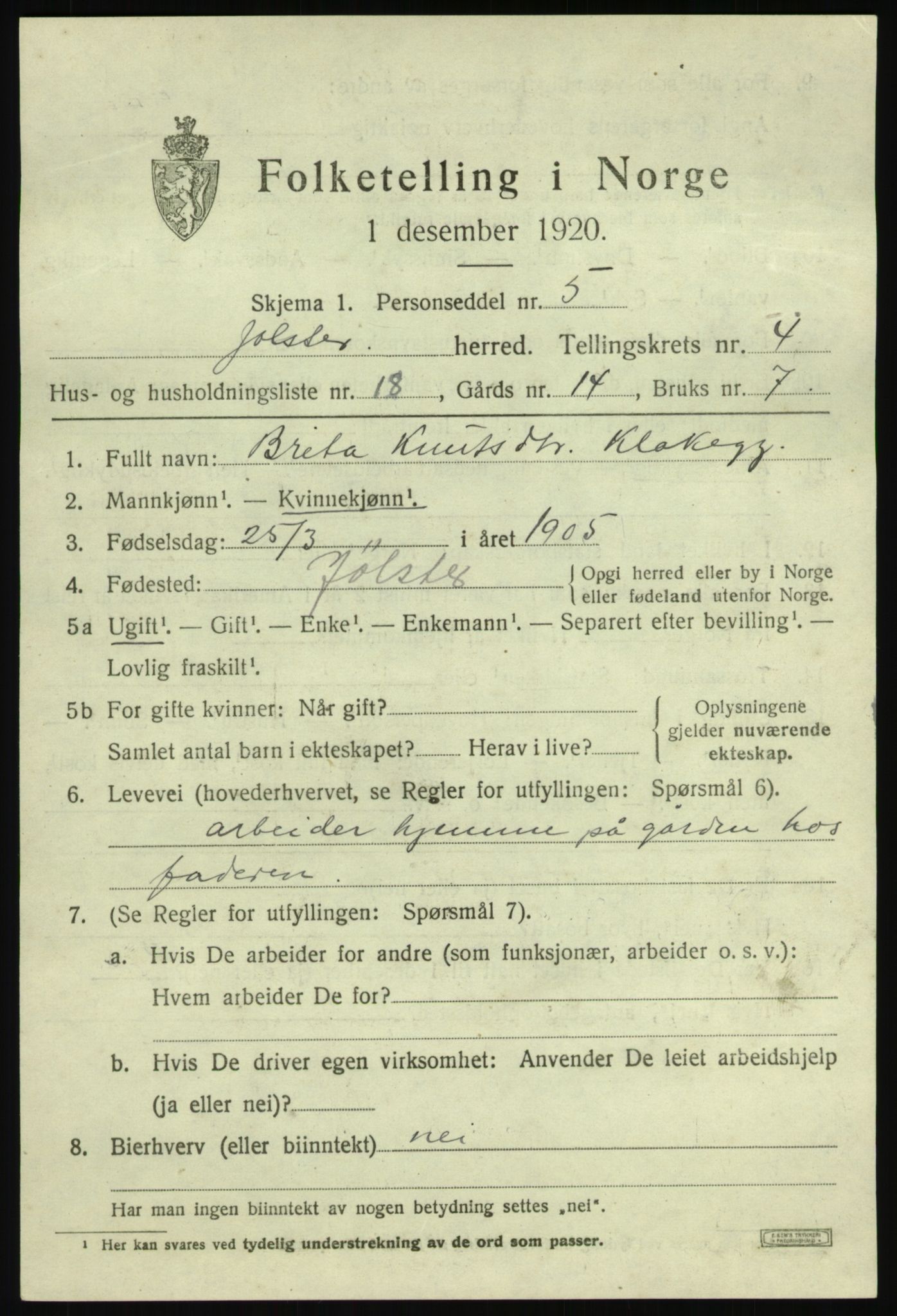 SAB, Folketelling 1920 for 1431 Jølster herred, 1920, s. 2624