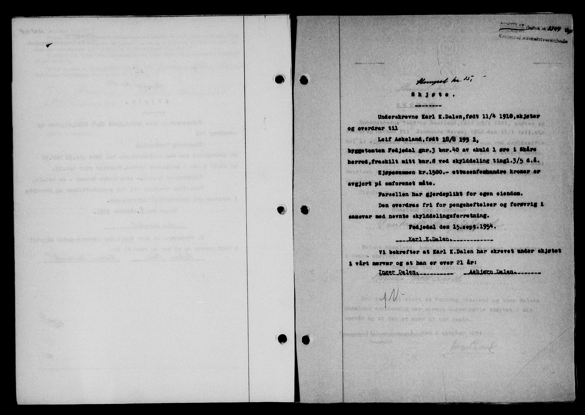 Karmsund sorenskriveri, SAST/A-100311/01/II/IIB/L0113: Pantebok nr. 93A, 1954-1954, Dagboknr: 3349/1954