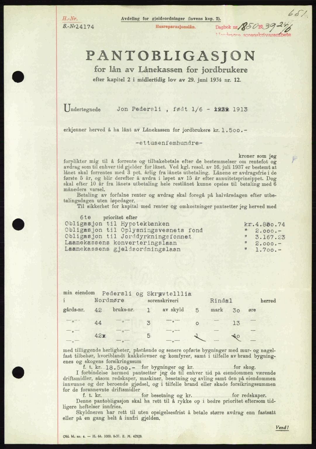 Nordmøre sorenskriveri, SAT/A-4132/1/2/2Ca: Pantebok nr. B85, 1939-1939, Dagboknr: 1850/1939