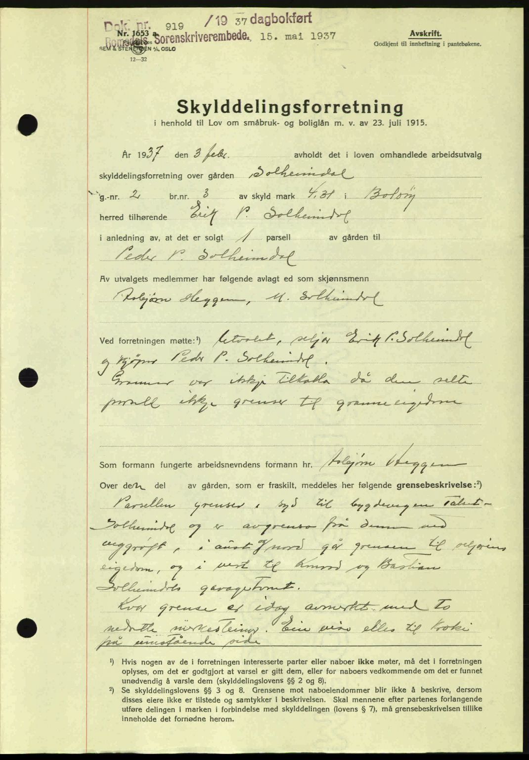 Romsdal sorenskriveri, SAT/A-4149/1/2/2C: Pantebok nr. A3, 1937-1937, Dagboknr: 919/1937