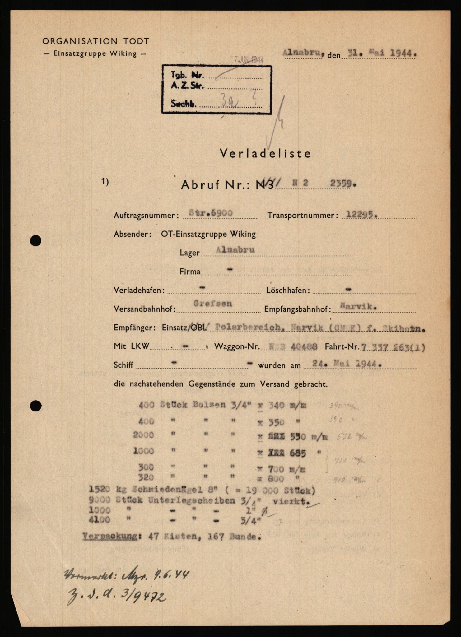 Tyske arkiver, Organisation Todt (OT), Einsatzgruppe Wiking, AV/RA-RAFA-2188/1/E/E6/E6c/L0007: Nachschub: Arkivkode 9451-9490, 1940-1945, s. 106