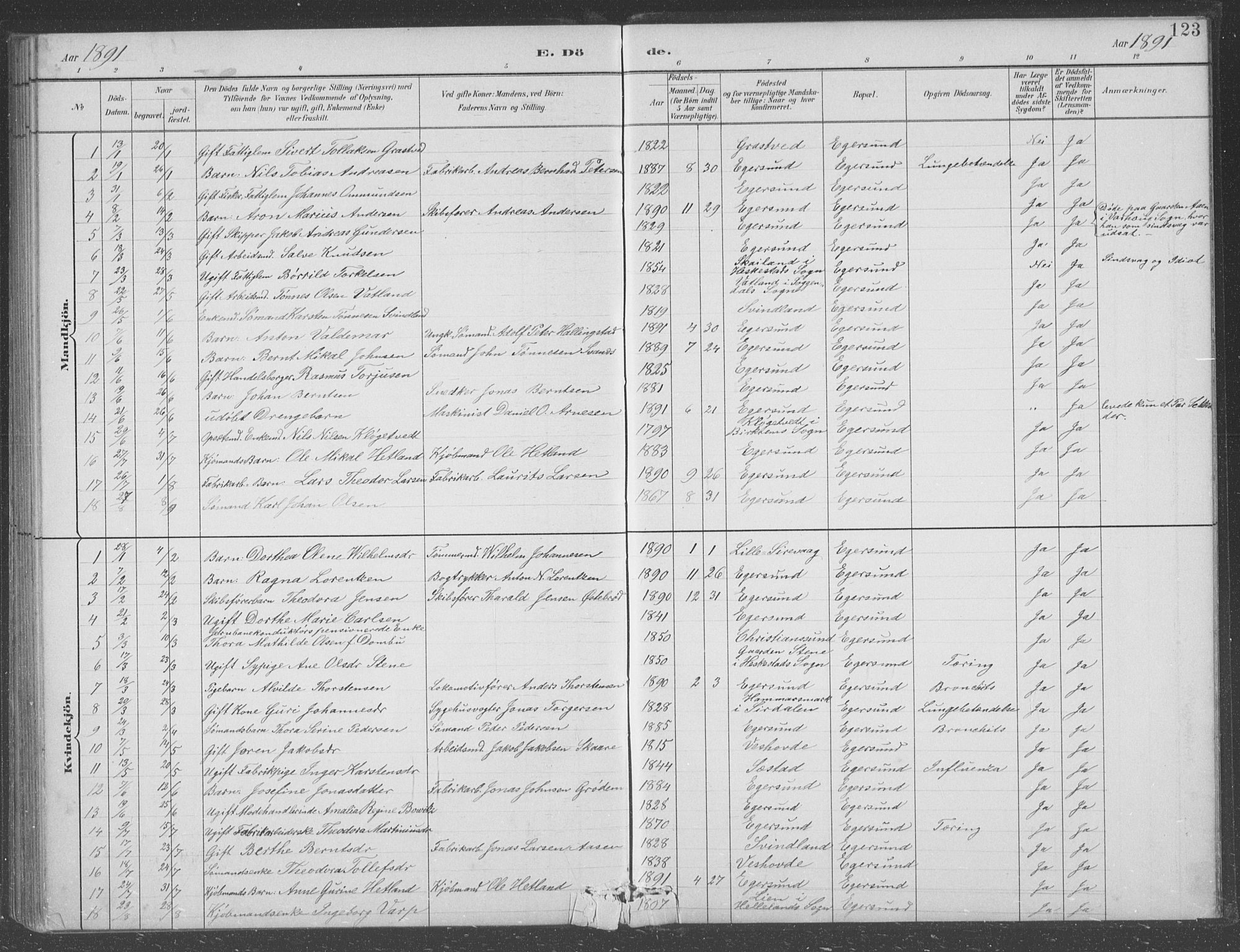 Eigersund sokneprestkontor, AV/SAST-A-101807/S09/L0008: Klokkerbok nr. B 8, 1882-1892, s. 123