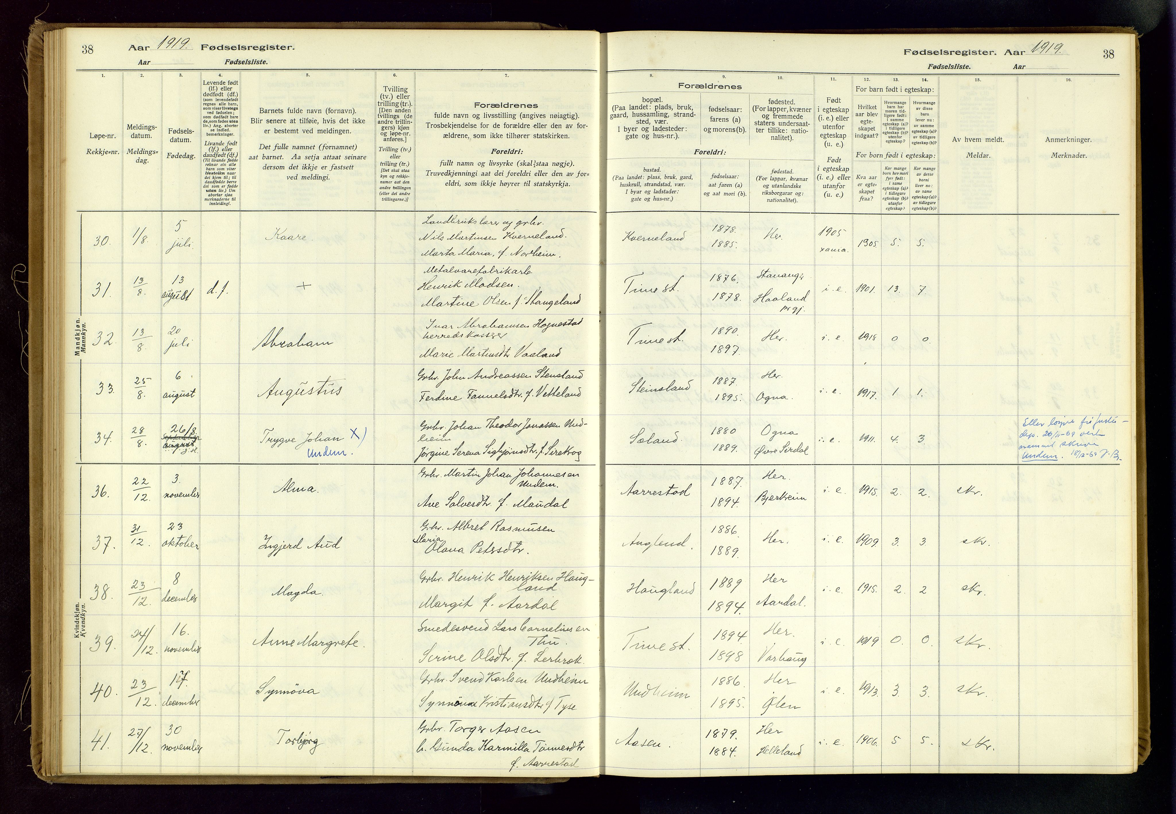 Time sokneprestkontor, AV/SAST-A-101795/001/704BA/L0001: Fødselsregister nr. 1, 1916-1934, s. 38