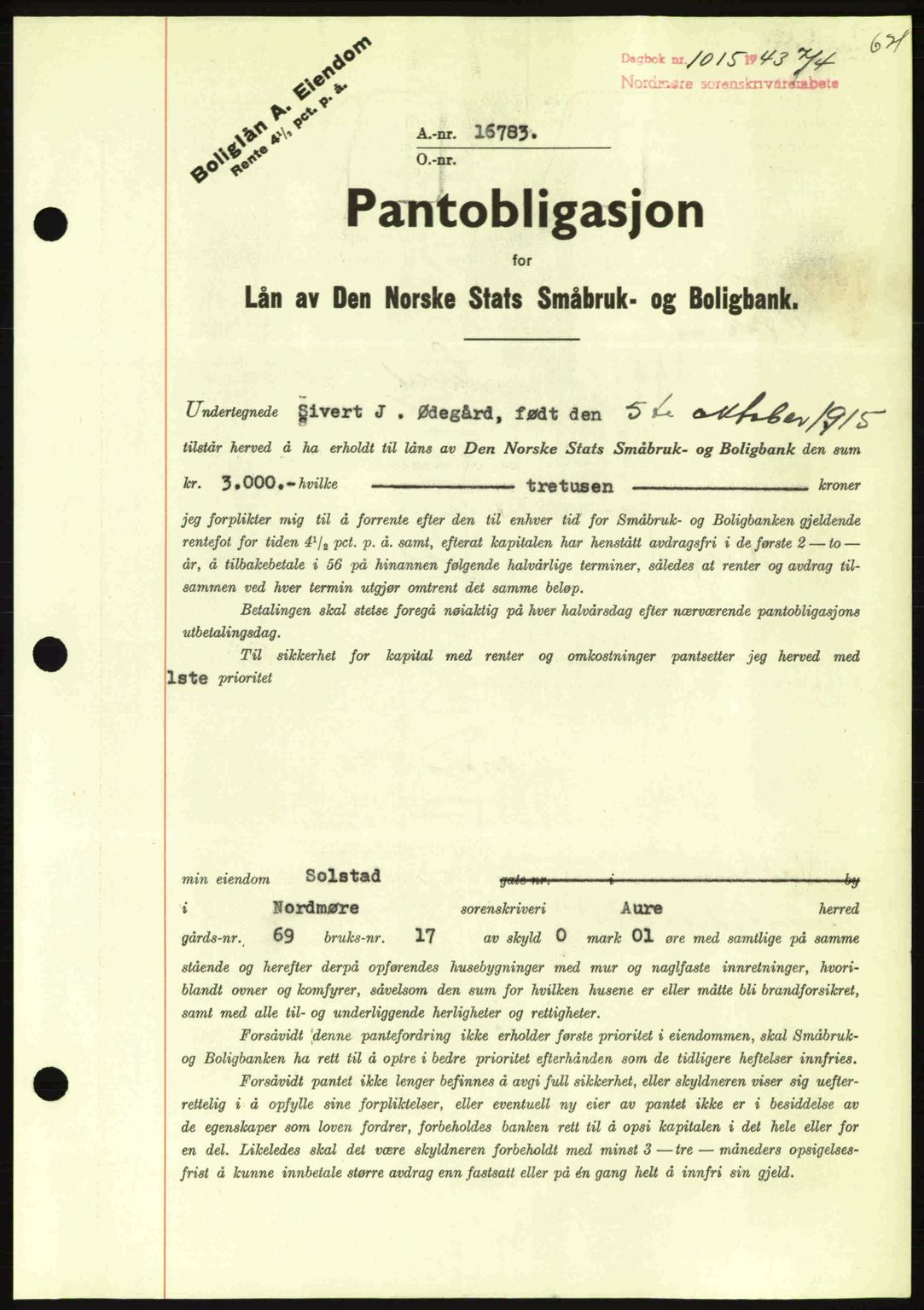 Nordmøre sorenskriveri, SAT/A-4132/1/2/2Ca: Pantebok nr. B90, 1942-1943, Dagboknr: 1015/1943