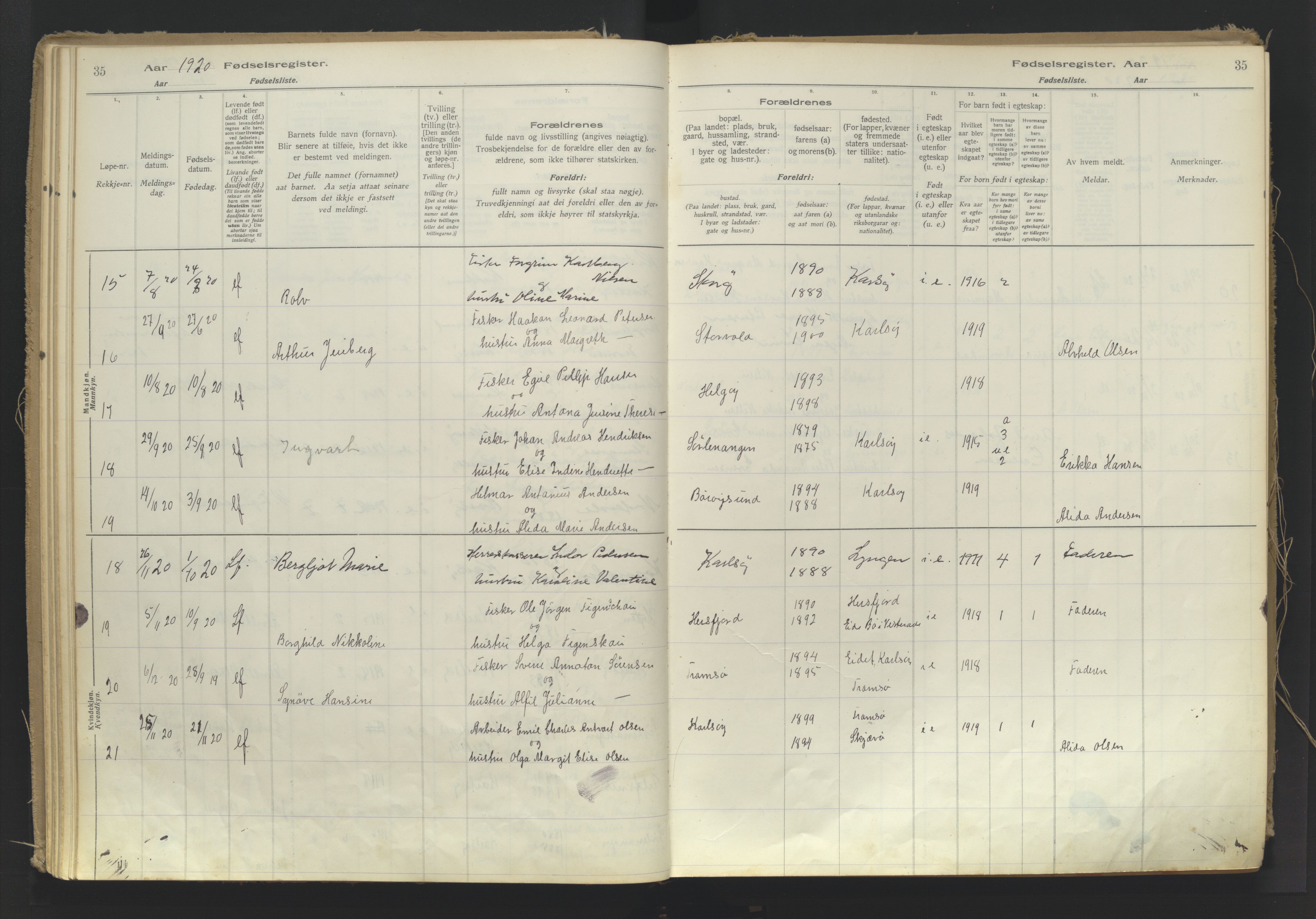 Karlsøy sokneprestembete, AV/SATØ-S-1299/I/Ic/L0064: Fødselsregister nr. 64, 1916-1943, s. 35