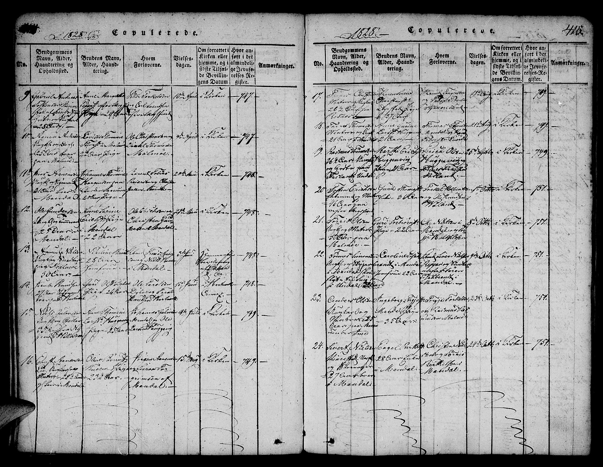 Mandal sokneprestkontor, SAK/1111-0030/F/Fa/Faa/L0010: Ministerialbok nr. A 10, 1817-1830, s. 414-415