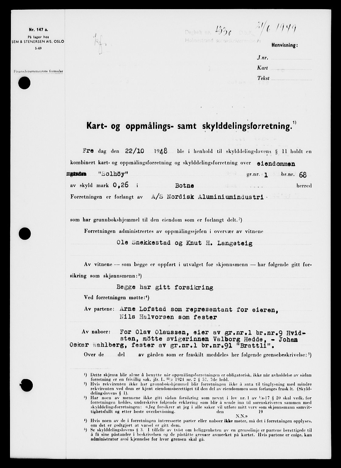Holmestrand sorenskriveri, SAKO/A-67/G/Ga/Gaa/L0066: Pantebok nr. A-66, 1949-1949, Dagboknr: 1330/1949