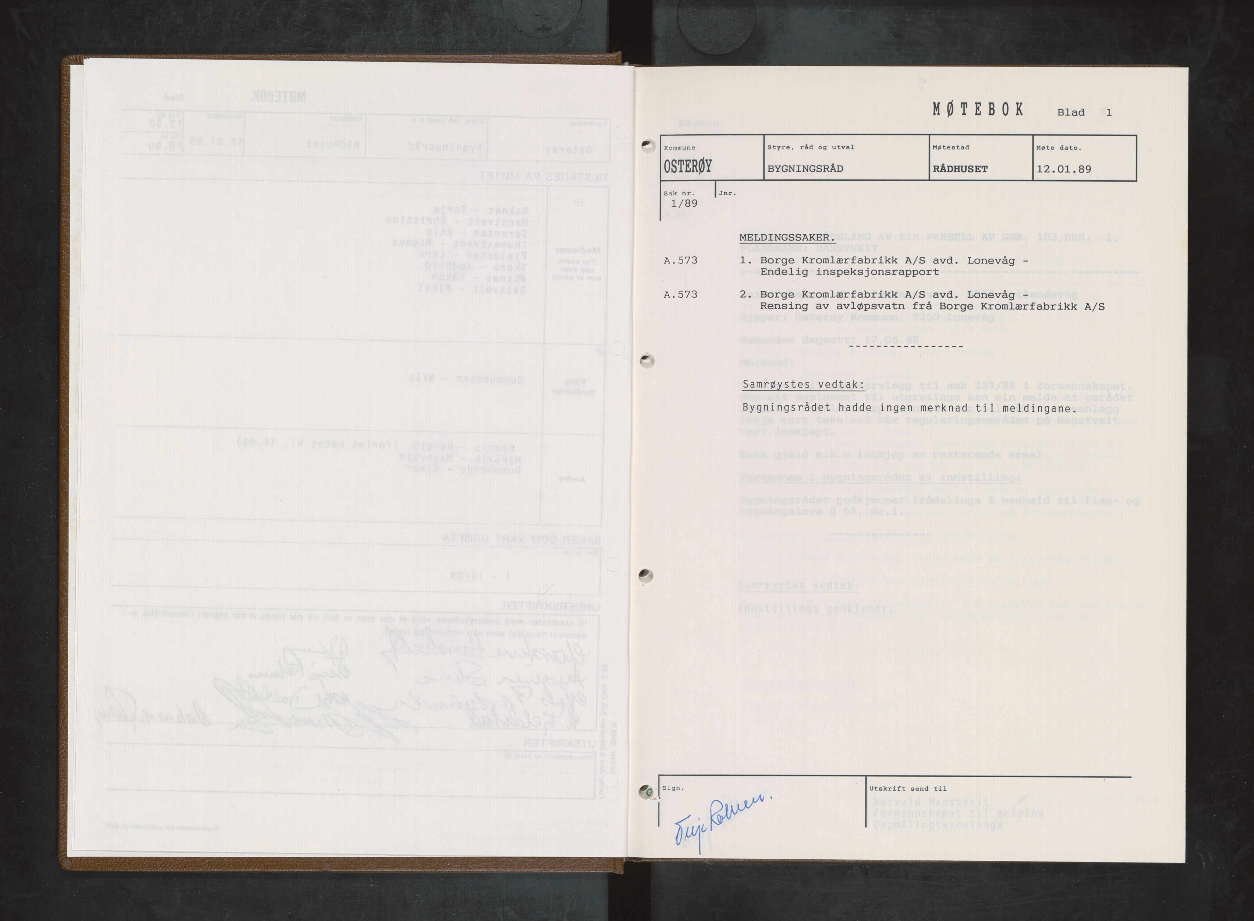 Osterøy kommune. Bygningsrådet, IKAH/1253b-511/A/Aa/L0023: Møtebok Osterøy bygningsråd, 1989