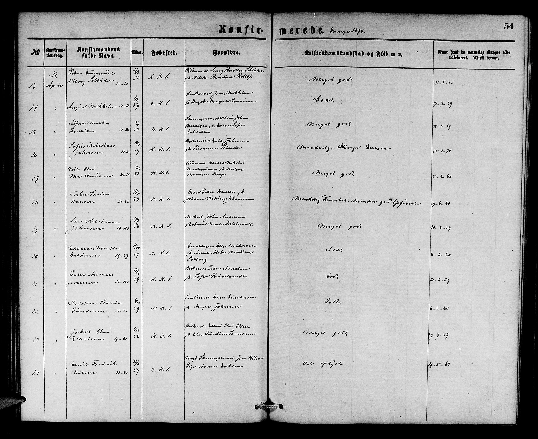 Korskirken sokneprestembete, SAB/A-76101/H/Hab: Klokkerbok nr. C 2, 1869-1879, s. 54