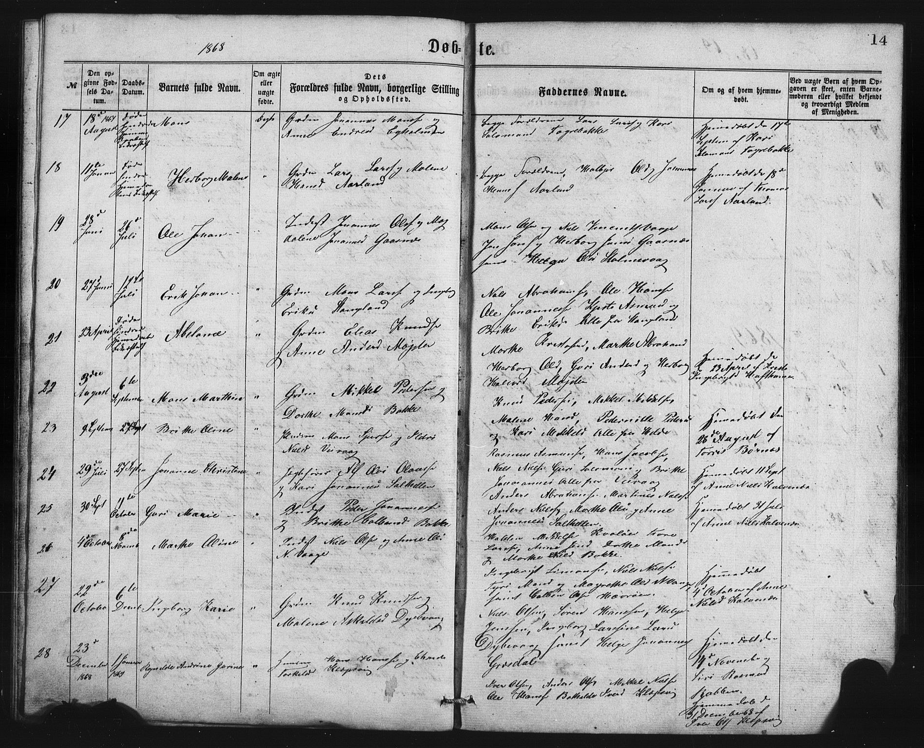 Austevoll sokneprestembete, AV/SAB-A-74201/H/Ha/Hab/Habb/L0002: Klokkerbok nr. B 2, 1865-1878, s. 14