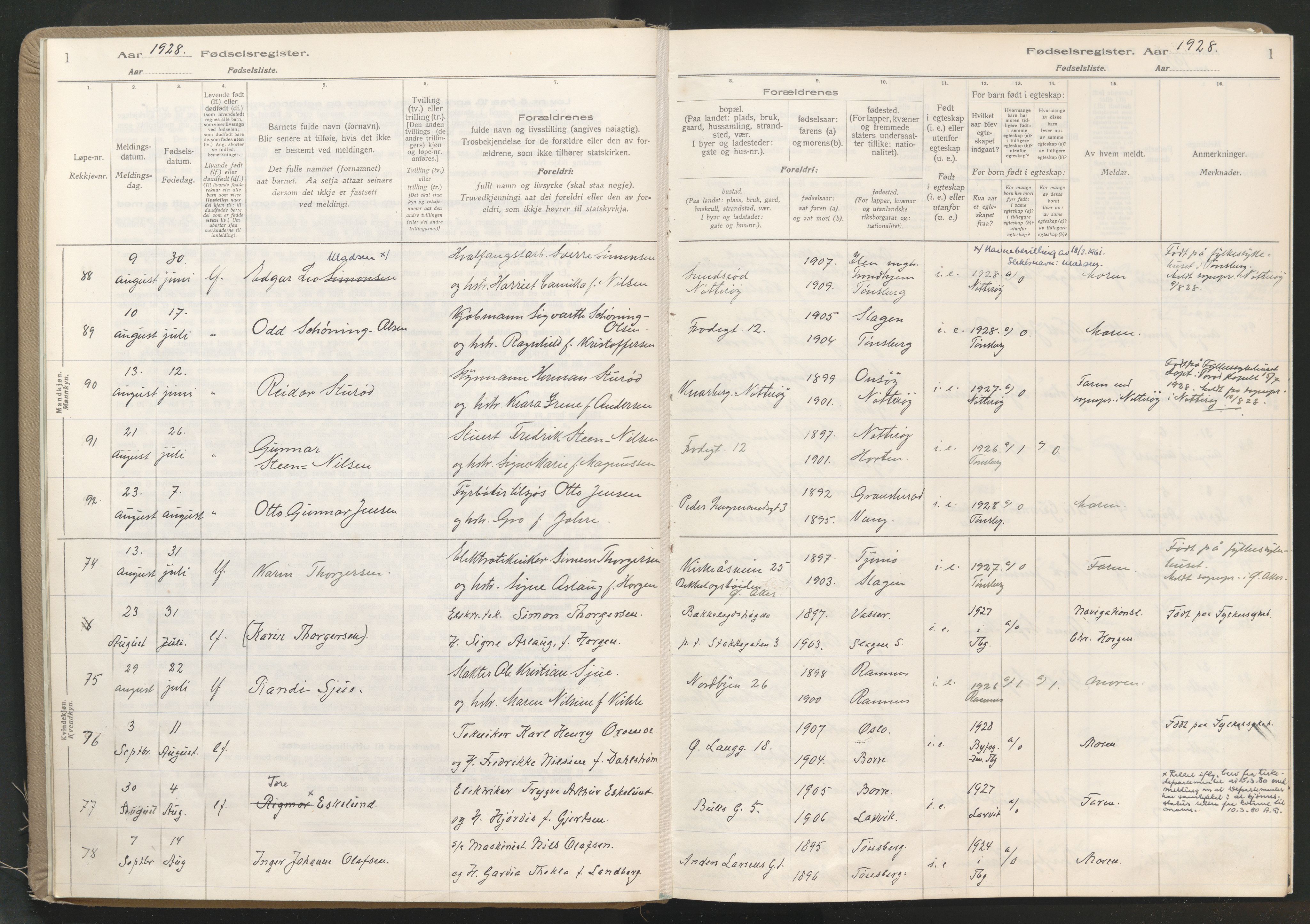 Tønsberg kirkebøker, AV/SAKO-A-330/J/Ja/L0003: Fødselsregister nr. 3, 1928-1933, s. 1