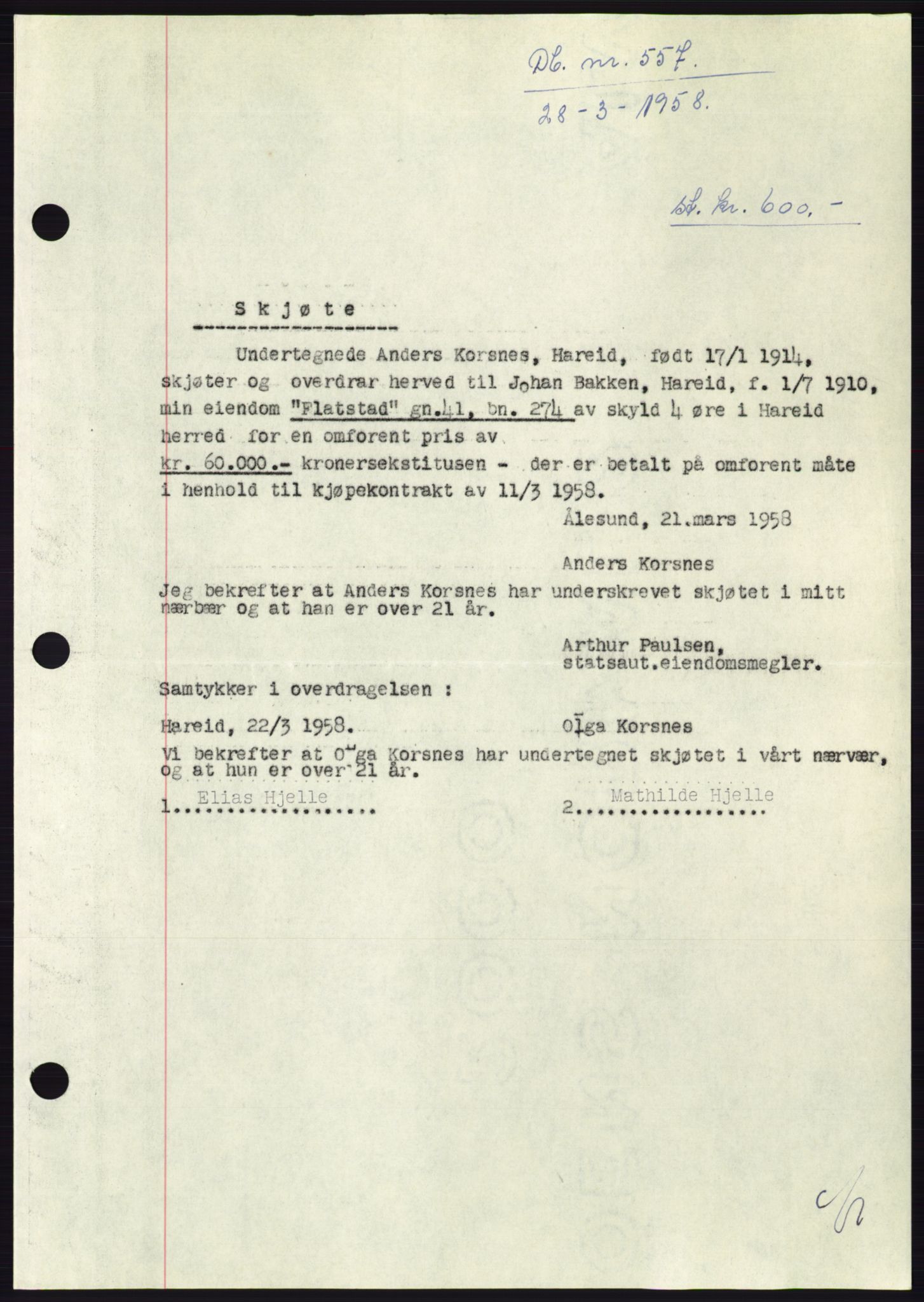 Søre Sunnmøre sorenskriveri, SAT/A-4122/1/2/2C/L0109: Pantebok nr. 35A, 1958-1958, Dagboknr: 557/1958