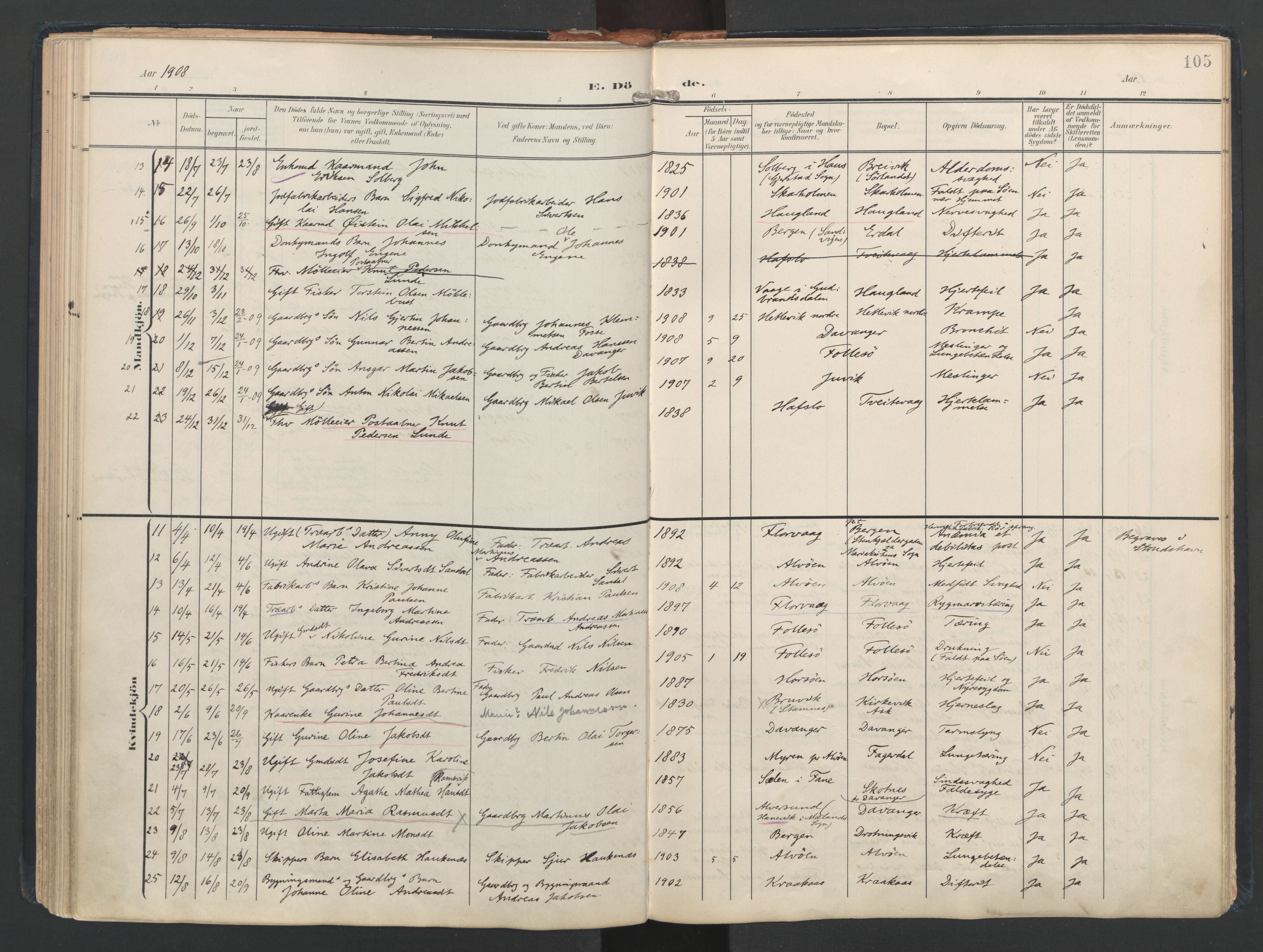 Askøy Sokneprestembete, AV/SAB-A-74101/H/Ha/Haa/Haad/L0001: Ministerialbok nr. D 1, 1902-1916, s. 105