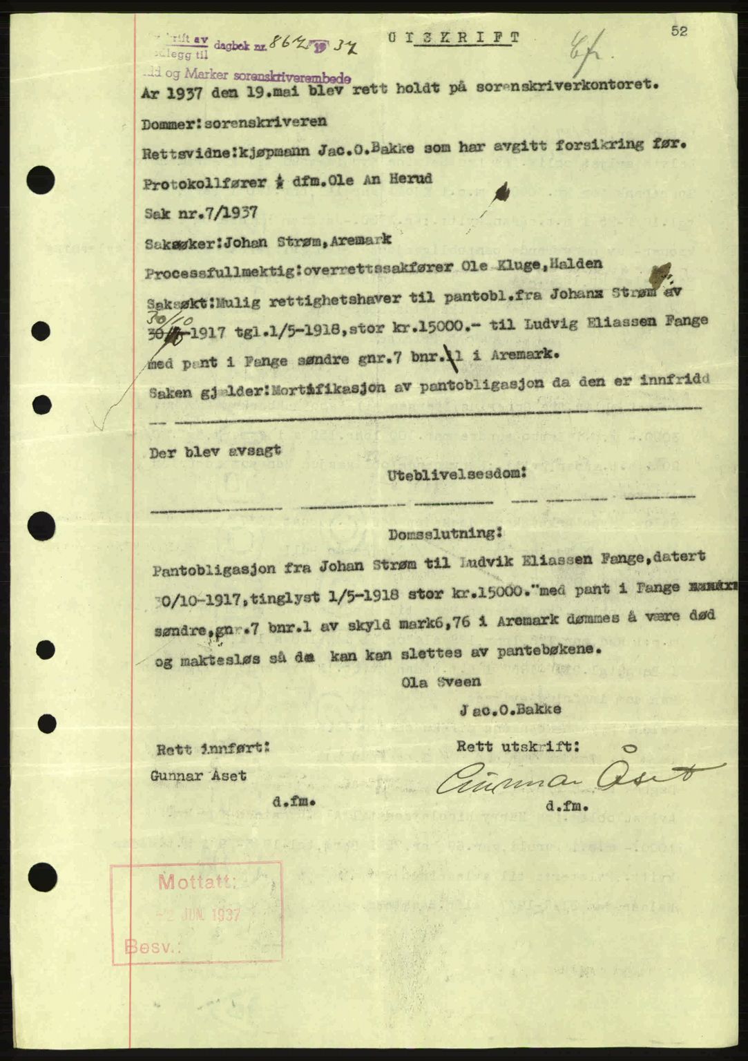 Idd og Marker sorenskriveri, AV/SAO-A-10283/G/Gb/Gbc/L0001: Pantebok nr. B1-3, 1936-1939, Dagboknr: 867/1937