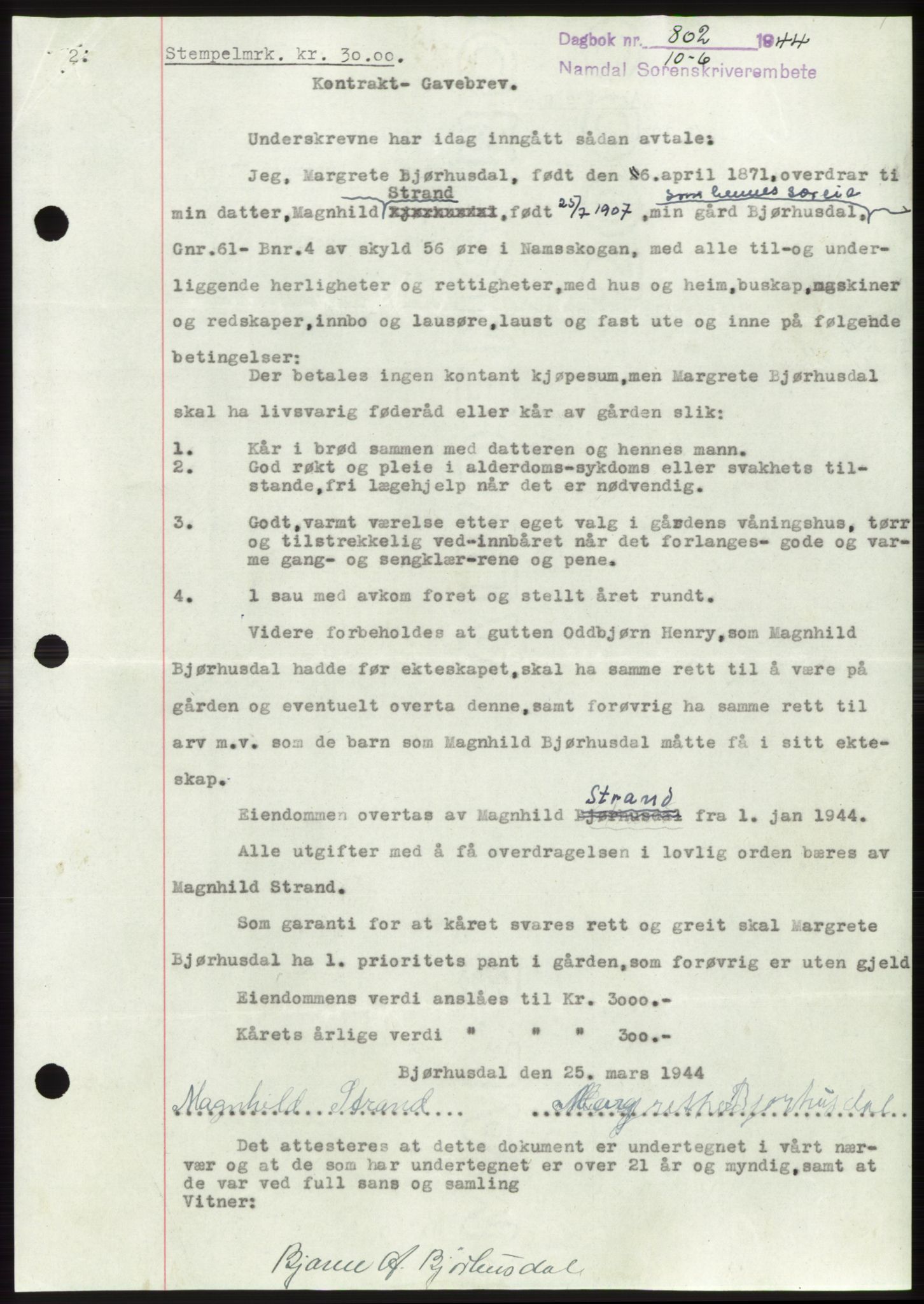 Namdal sorenskriveri, SAT/A-4133/1/2/2C: Pantebok nr. -, 1944-1945, Dagboknr: 802/1944