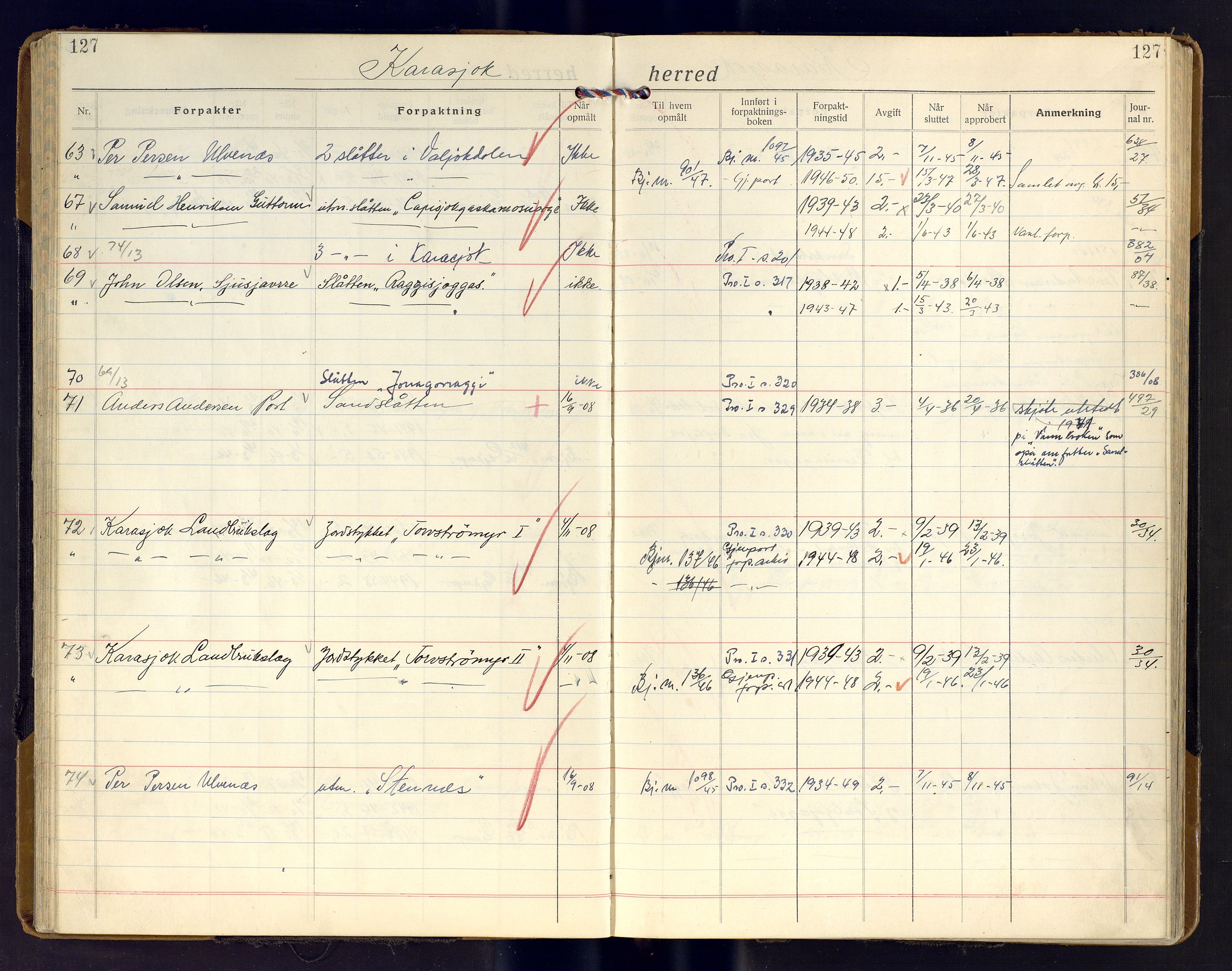 Finnmark jordsalgskommisjon/jordsalgskontor og Statskog SF Finnmark jordsalgskontor, AV/SATØ-S-1443/J/Ja/L0011: Forpaktningsbok for Finnmark II, 1921-1948, s. 127