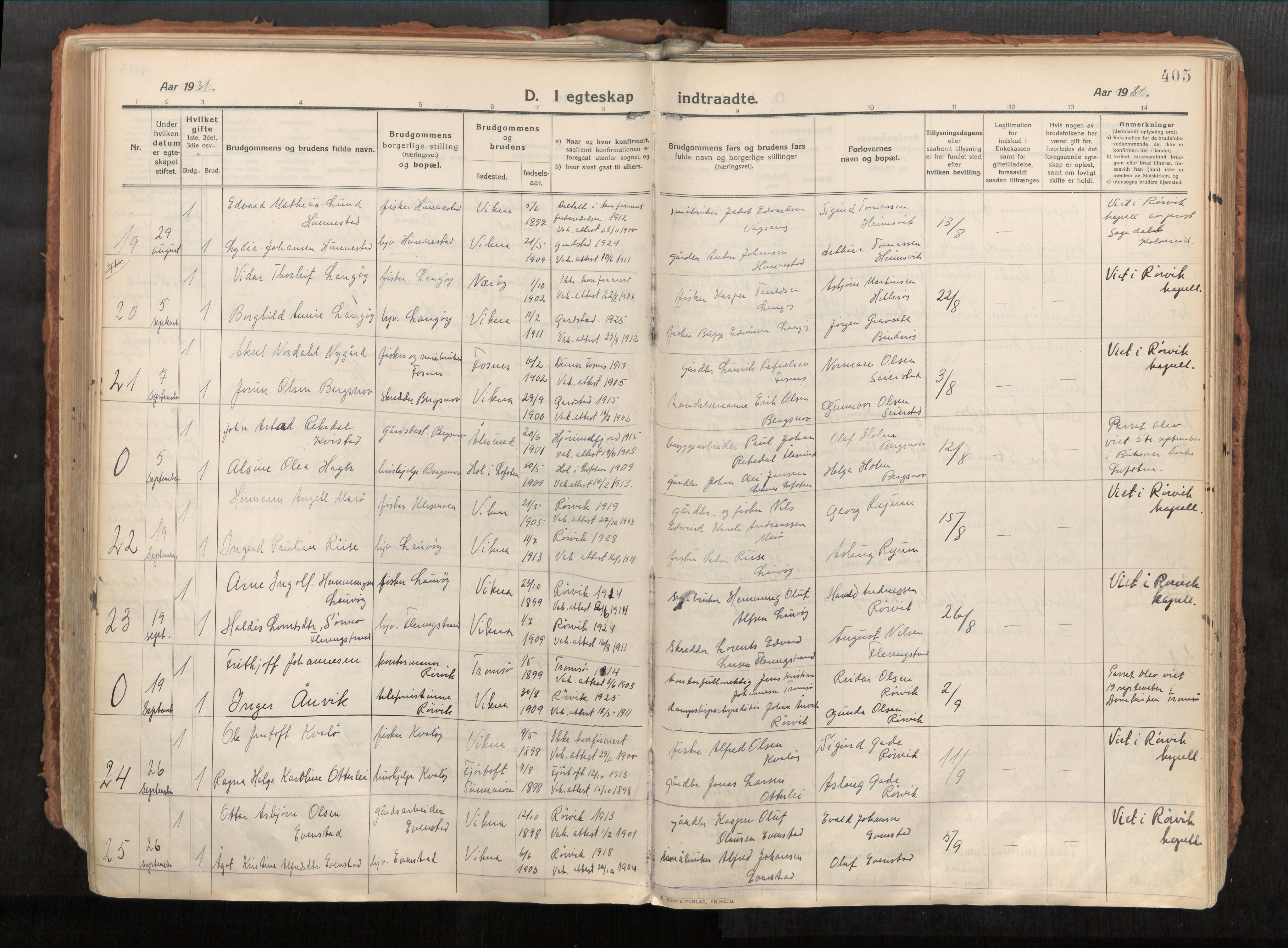 Vikna sokneprestkontor, AV/SAT-A-1173/1/I/I1/I1a/L0001: Ministerialbok nr. 1, 1913-1934, s. 405