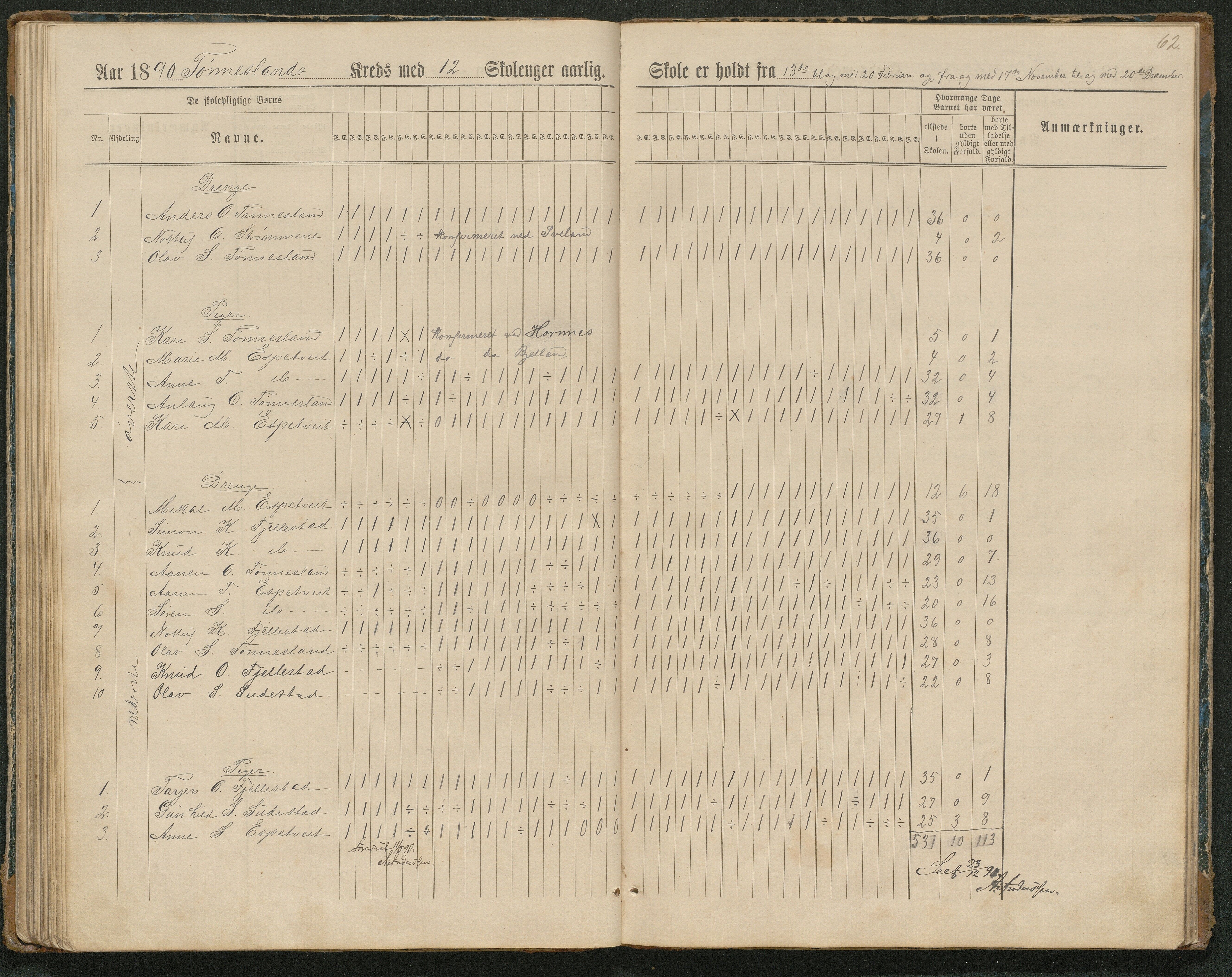 Hornnes kommune, Tønnesvold, Abusland skolekretser, AAKS/KA0936-550g/F1/L0003: Dagbok Abusland, Tønnesland, 1884-1900, s. 62