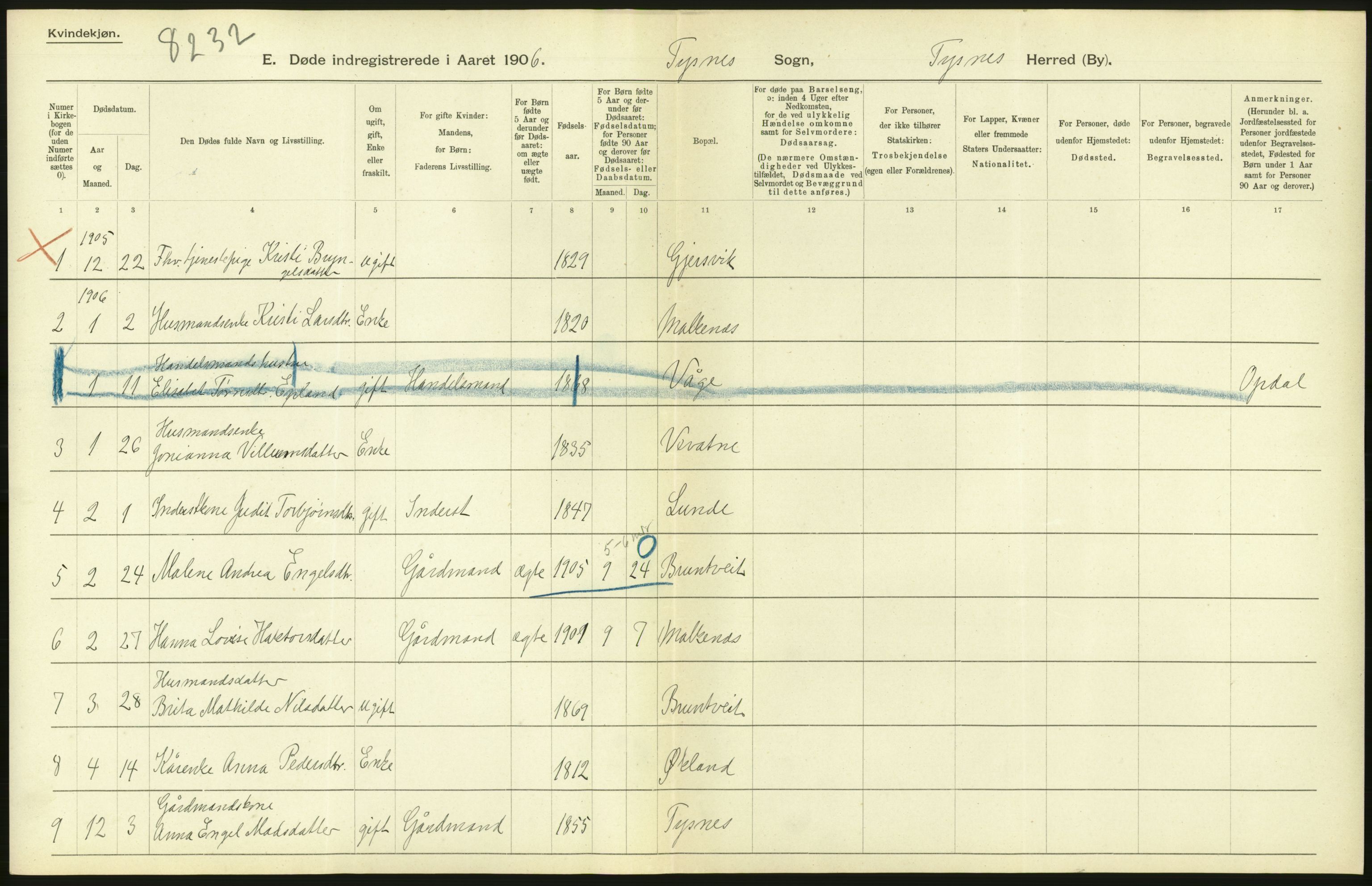 Statistisk sentralbyrå, Sosiodemografiske emner, Befolkning, AV/RA-S-2228/D/Df/Dfa/Dfad/L0030: S. Bergenhus amt: Døde. Bygder., 1906, s. 20