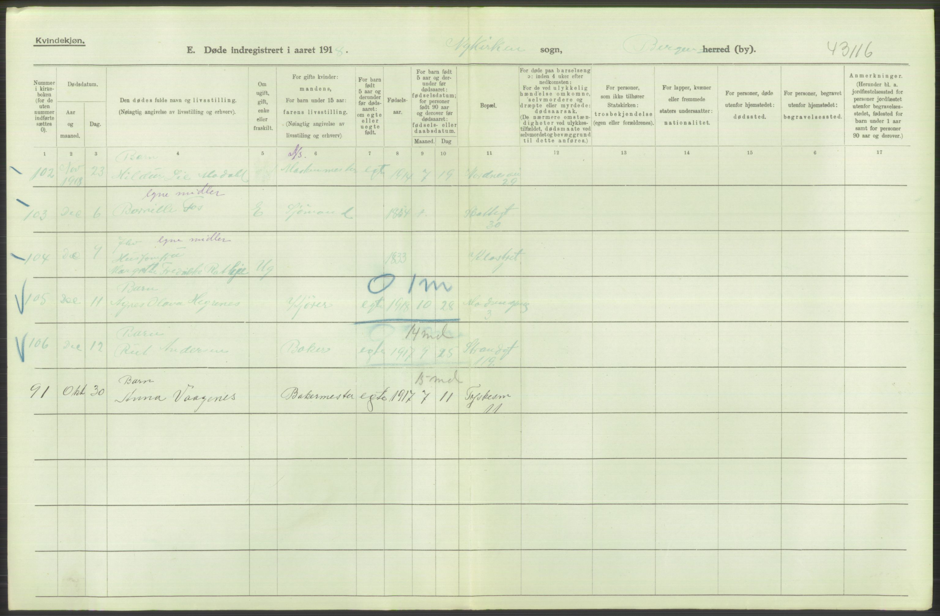 Statistisk sentralbyrå, Sosiodemografiske emner, Befolkning, RA/S-2228/D/Df/Dfb/Dfbh/L0039: Bergen: Døde., 1918, s. 332