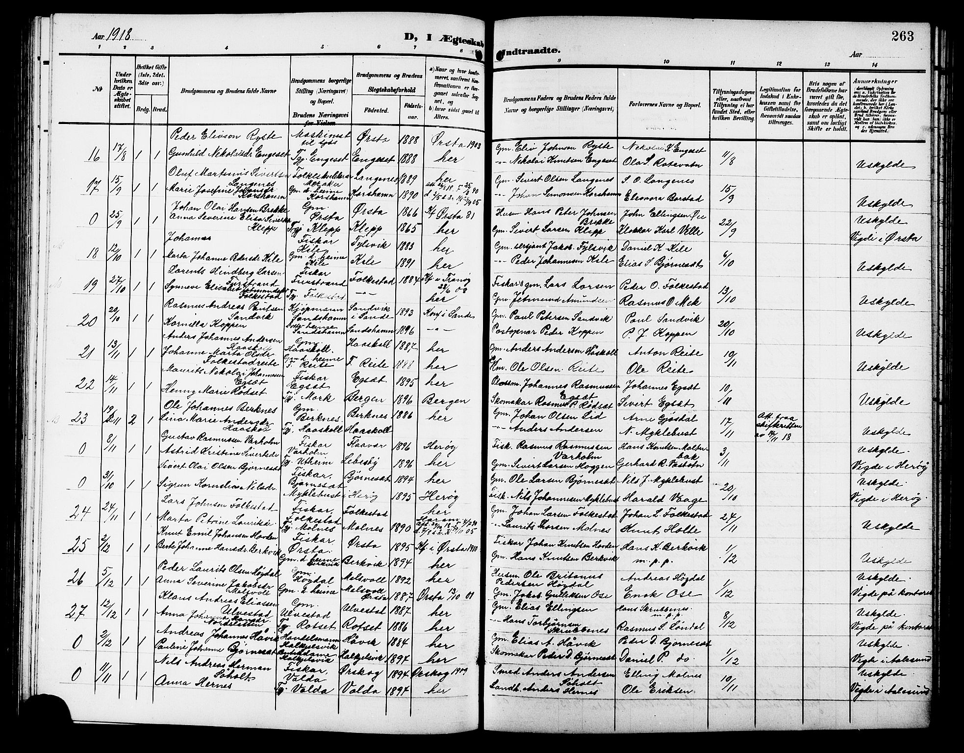 Ministerialprotokoller, klokkerbøker og fødselsregistre - Møre og Romsdal, AV/SAT-A-1454/511/L0159: Klokkerbok nr. 511C05, 1902-1920, s. 263