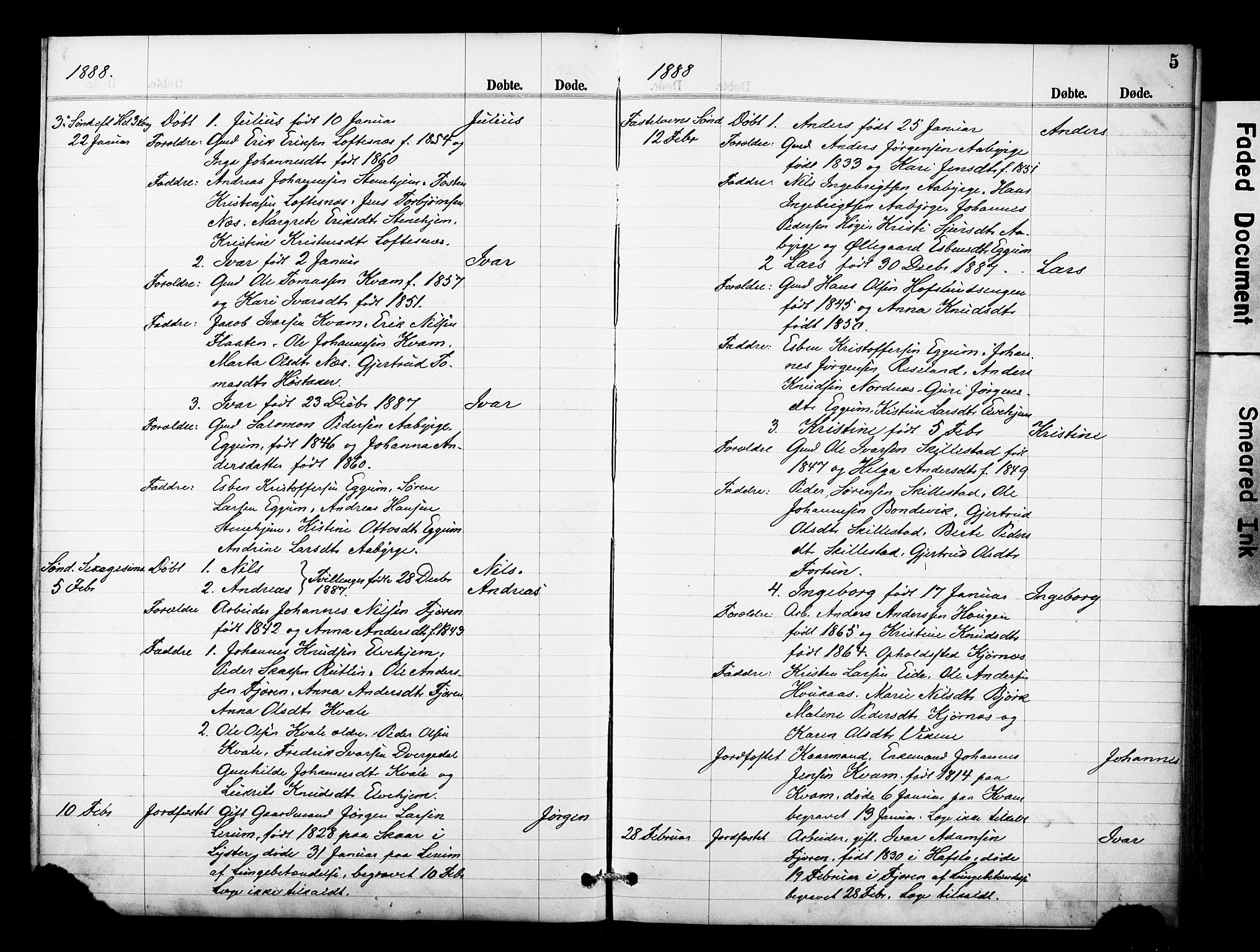 Sogndal sokneprestembete, AV/SAB-A-81301/H/Hab/Haba/L0001: Klokkerbok nr. A 1, 1887-1907, s. 5