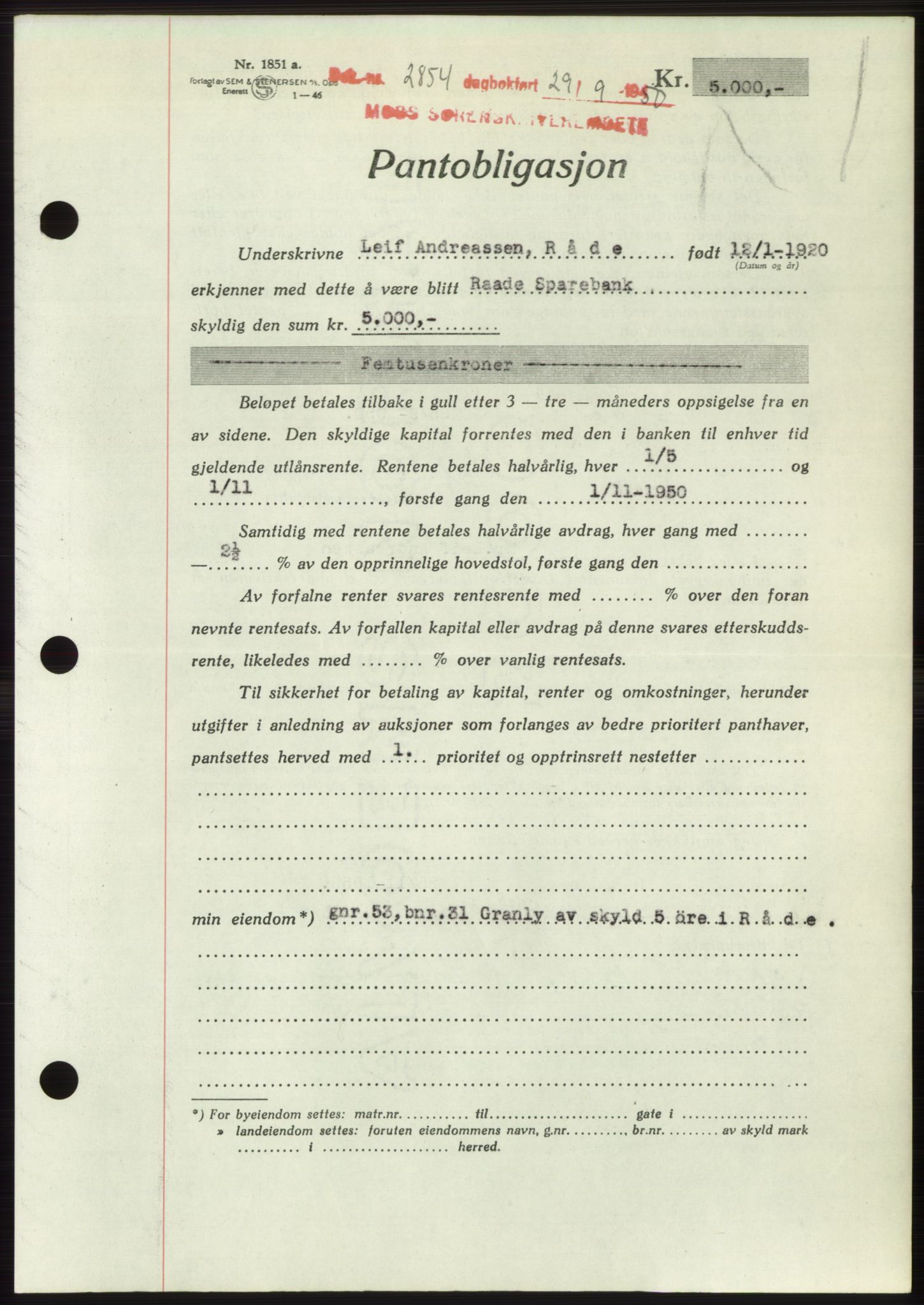 Moss sorenskriveri, SAO/A-10168: Pantebok nr. B25, 1950-1950, Dagboknr: 2854/1950
