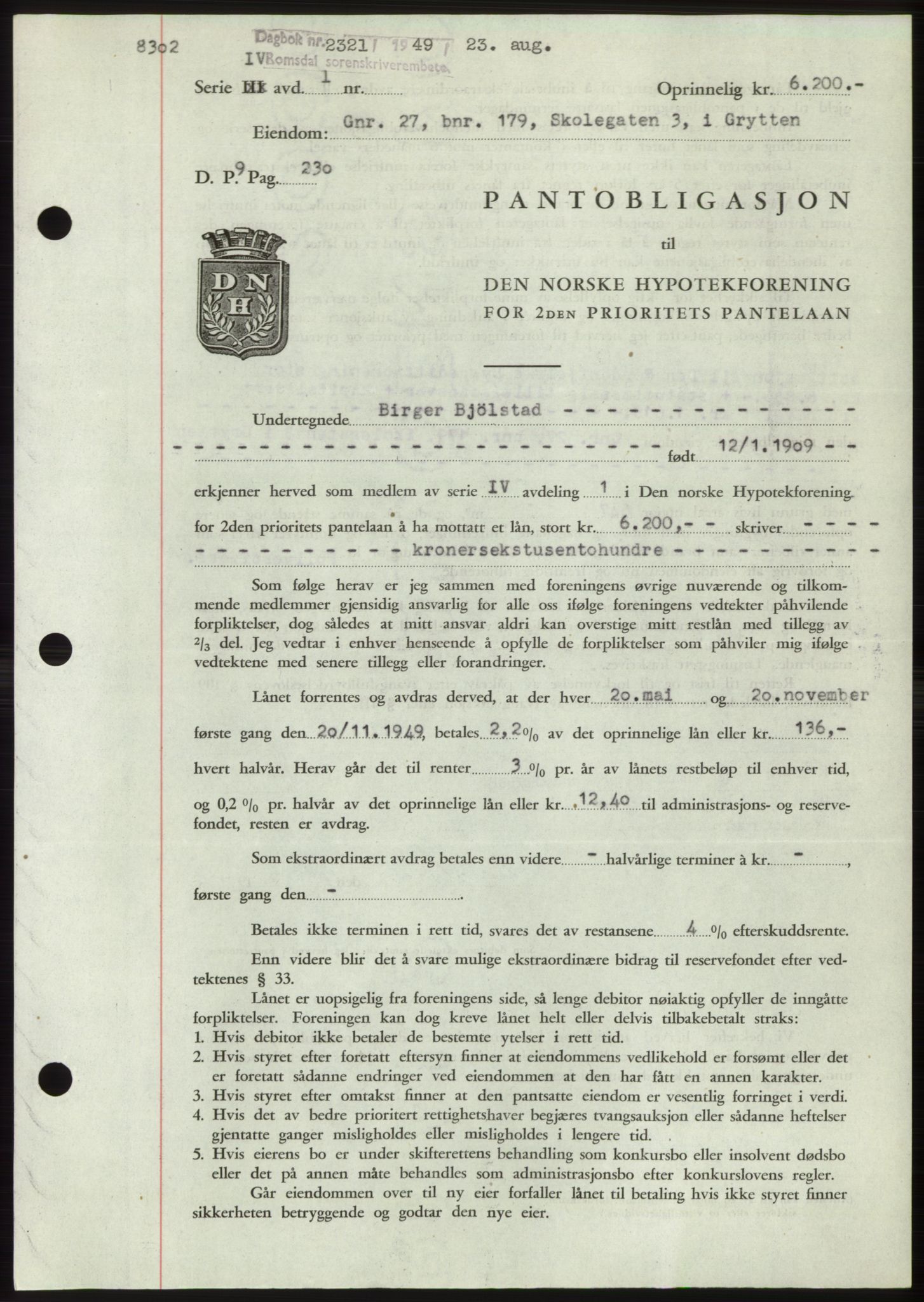 Romsdal sorenskriveri, SAT/A-4149/1/2/2C: Pantebok nr. B4, 1948-1949, Dagboknr: 2321/1949