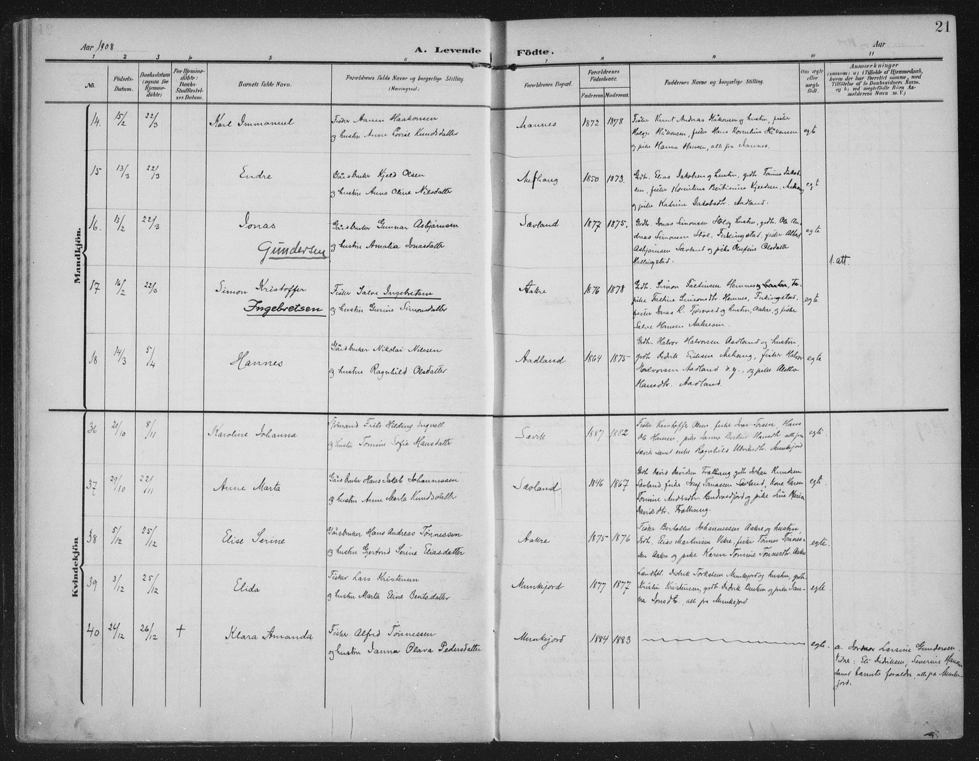 Kopervik sokneprestkontor, AV/SAST-A-101850/H/Ha/Haa/L0005: Ministerialbok nr. A 5, 1906-1924, s. 21