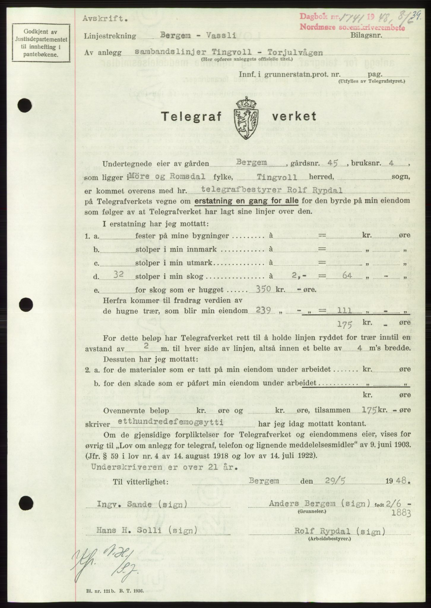Nordmøre sorenskriveri, SAT/A-4132/1/2/2Ca: Pantebok nr. B99, 1948-1948, Dagboknr: 1741/1948