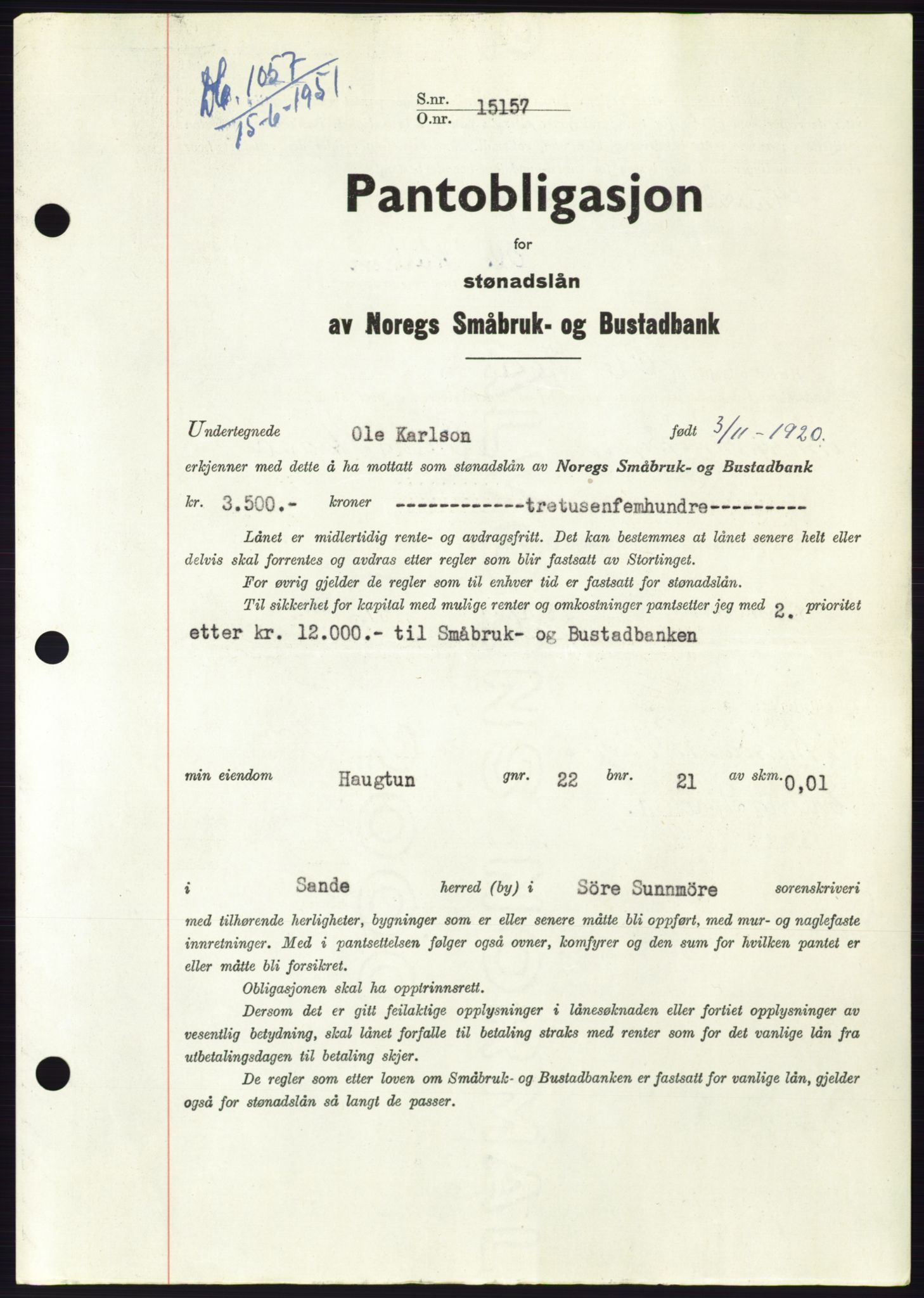 Søre Sunnmøre sorenskriveri, SAT/A-4122/1/2/2C/L0120: Pantebok nr. 8B, 1951-1951, Dagboknr: 1057/1951