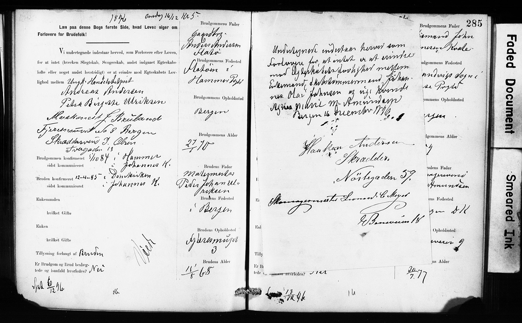 Domkirken sokneprestembete, SAB/A-74801: Forlovererklæringer nr. II.5.10, 1890-1899, s. 285