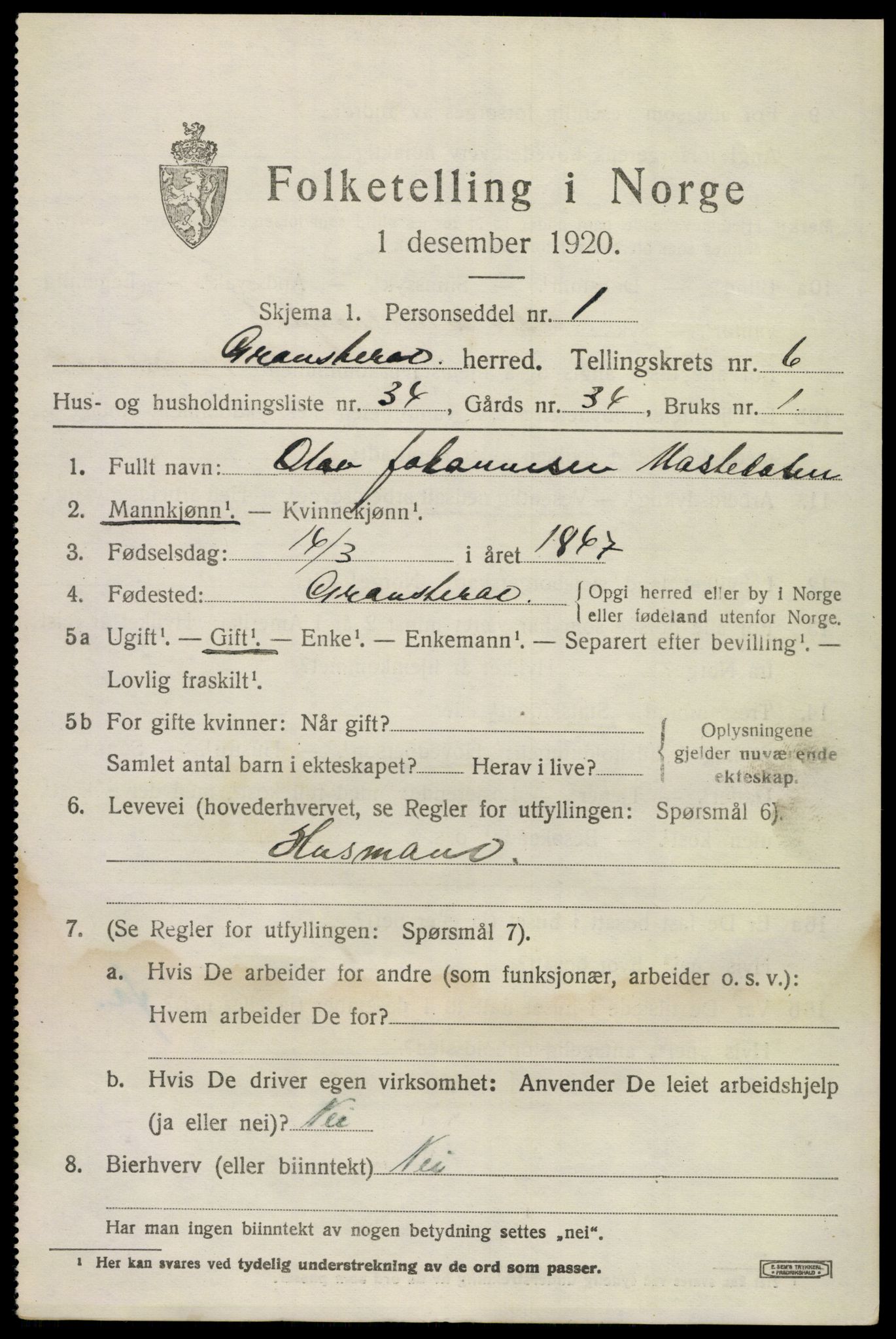 SAKO, Folketelling 1920 for 0824 Gransherad herred, 1920, s. 2714
