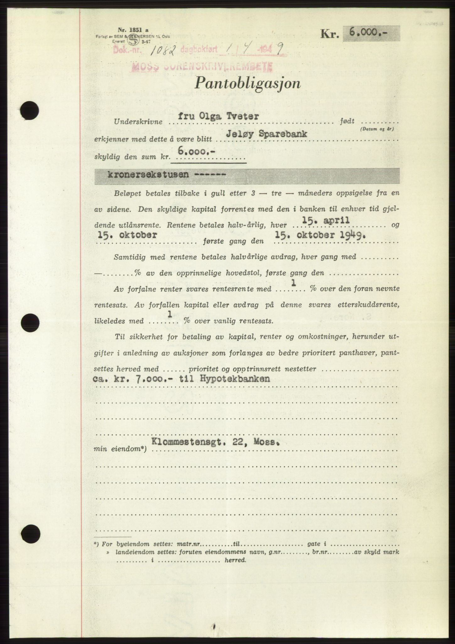 Moss sorenskriveri, SAO/A-10168: Pantebok nr. B21, 1949-1949, Dagboknr: 1082/1949