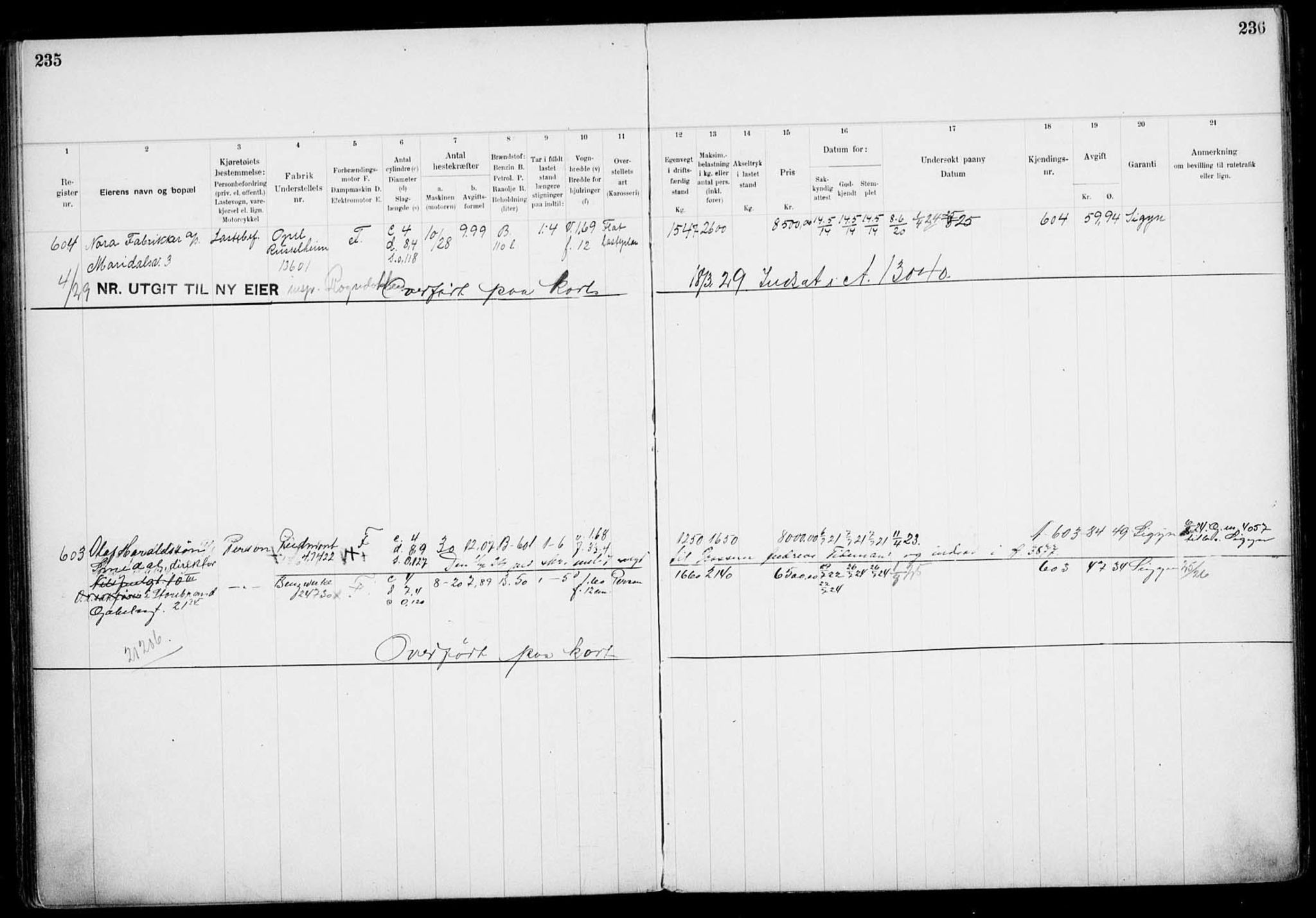 Vegdirektoratet, Bilavdelingen M, AV/RA-S-1663/F/Fa/L0002: Bilregisterprotokoll. Reg.nr. A1-A29 og A400-A902, 1913-1926, s. 235-236