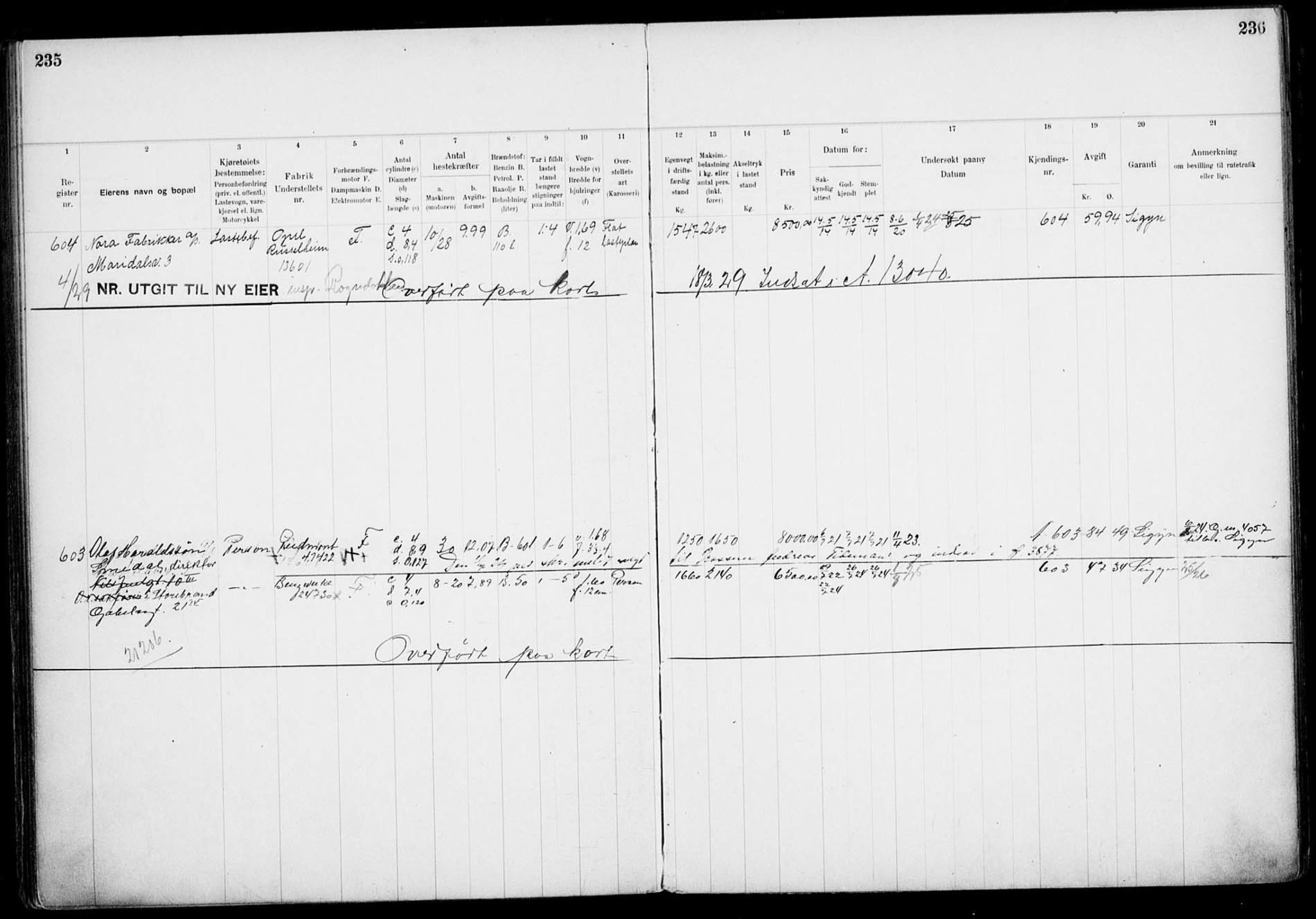 Vegdirektoratet, Bilavdelingen M, RA/S-1663/F/Fa/L0002: Bilregisterprotokoll. Reg.nr. A1-A29 og A400-A902, 1913-1926, s. 235-236