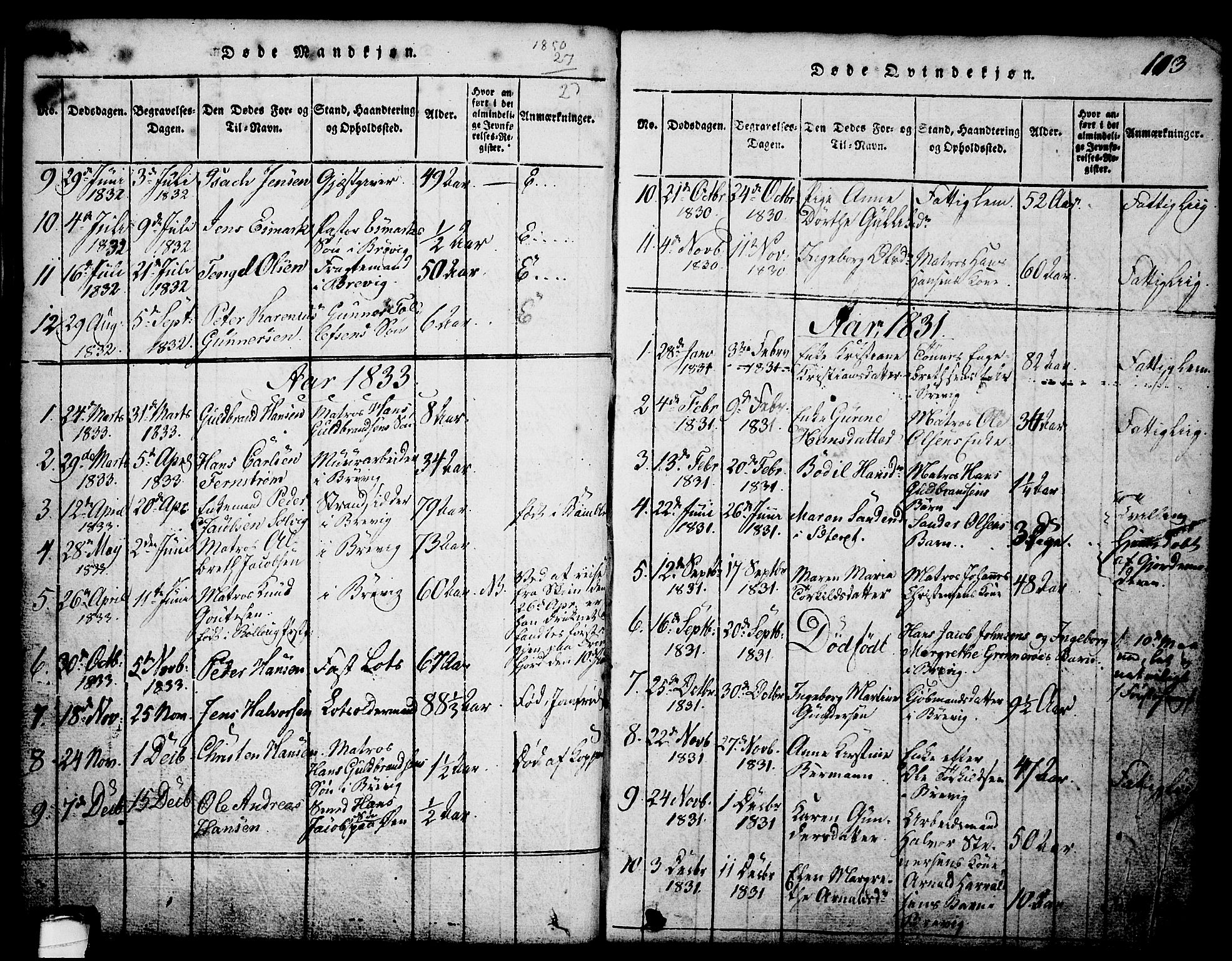 Brevik kirkebøker, AV/SAKO-A-255/G/Ga/L0001: Klokkerbok nr. 1, 1814-1845, s. 113