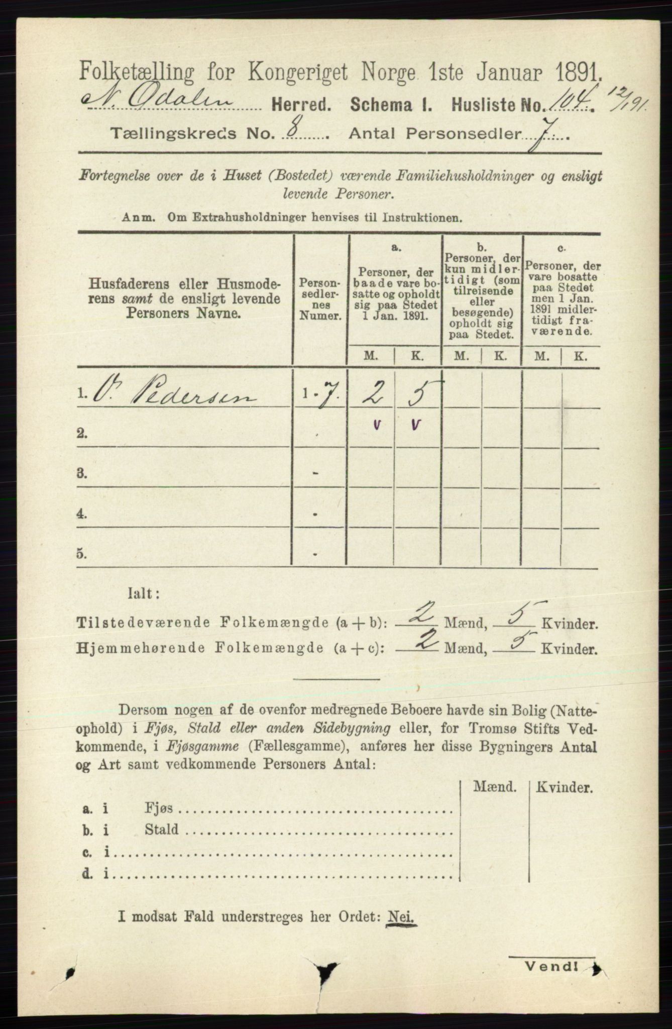 RA, Folketelling 1891 for 0418 Nord-Odal herred, 1891, s. 3289