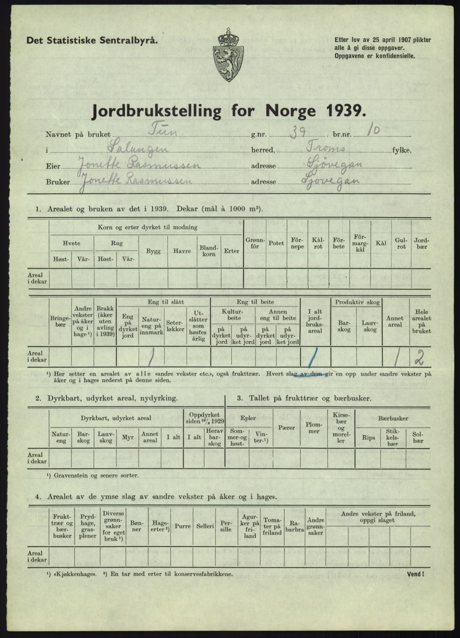 Statistisk sentralbyrå, Næringsøkonomiske emner, Jordbruk, skogbruk, jakt, fiske og fangst, AV/RA-S-2234/G/Gb/L0340: Troms: Salangen og Dyrøy, 1939, s. 23