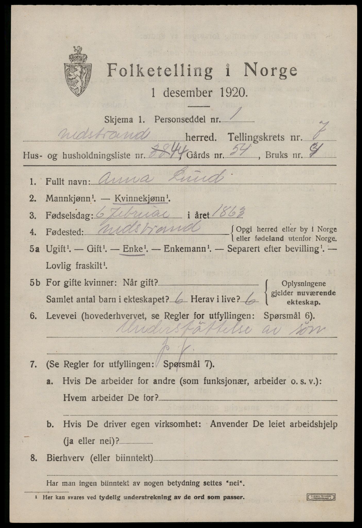 SAST, Folketelling 1920 for 1139 Nedstrand herred, 1920, s. 2907