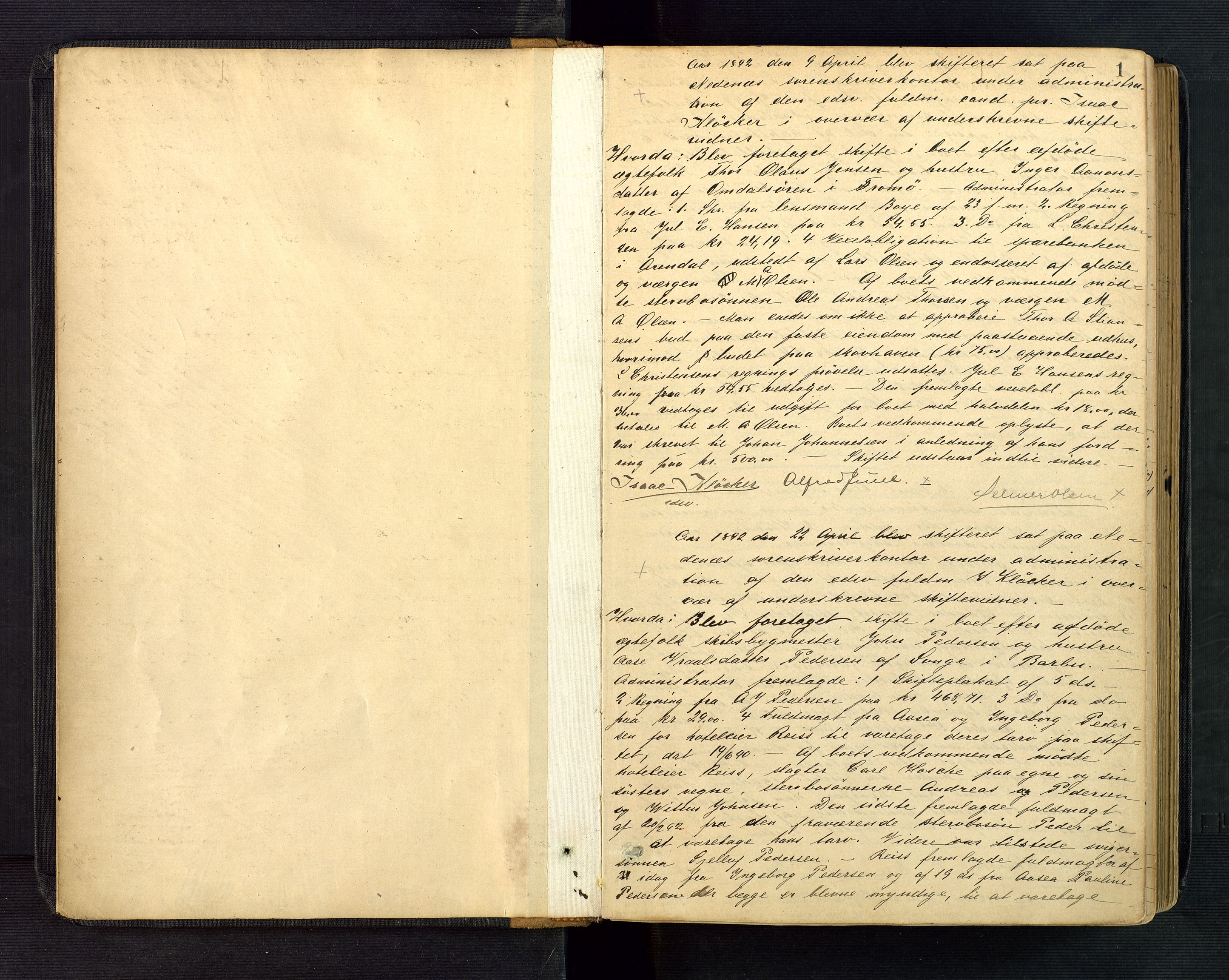 Nedenes sorenskriveri, SAK/1221-0006/H/Hc/L0004: Skiftebehandlingsprotokoll nr 4 med register, 1892-1898, s. 1