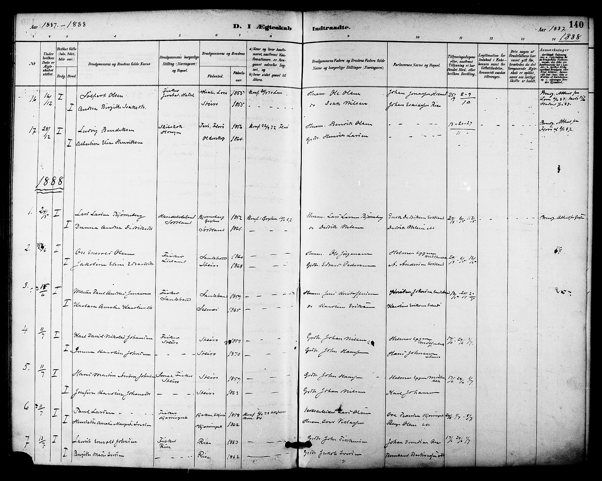 Ministerialprotokoller, klokkerbøker og fødselsregistre - Nordland, SAT/A-1459/895/L1371: Ministerialbok nr. 895A06, 1885-1894, s. 140