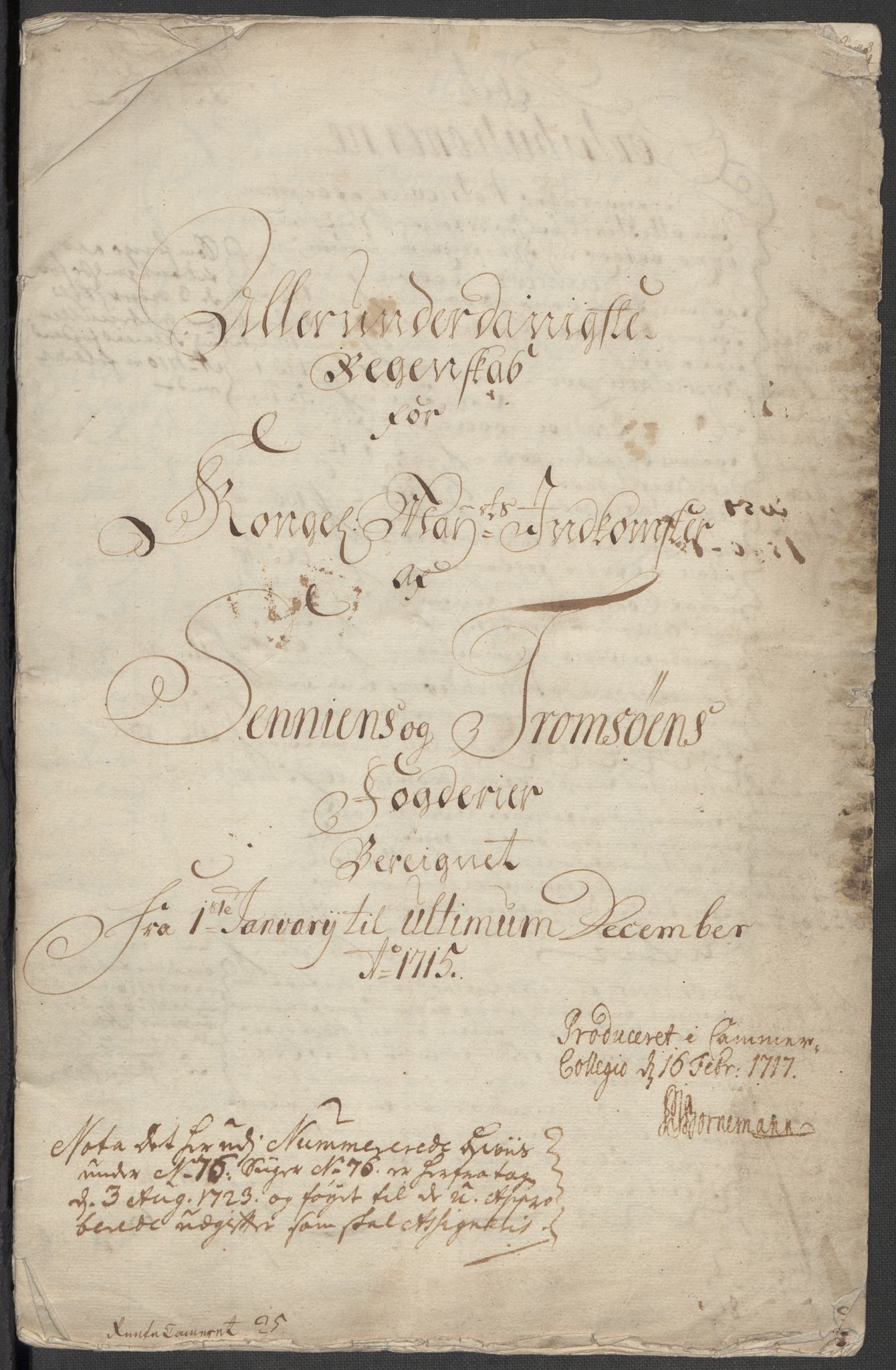 Rentekammeret inntil 1814, Reviderte regnskaper, Fogderegnskap, AV/RA-EA-4092/R68/L4761: Fogderegnskap Senja og Troms, 1715, s. 4