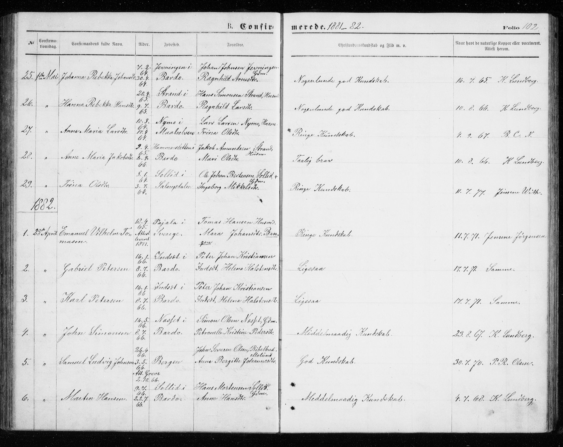 Målselv sokneprestembete, AV/SATØ-S-1311/G/Ga/Gab/L0007klokker: Klokkerbok nr. 7, 1876-1895, s. 102